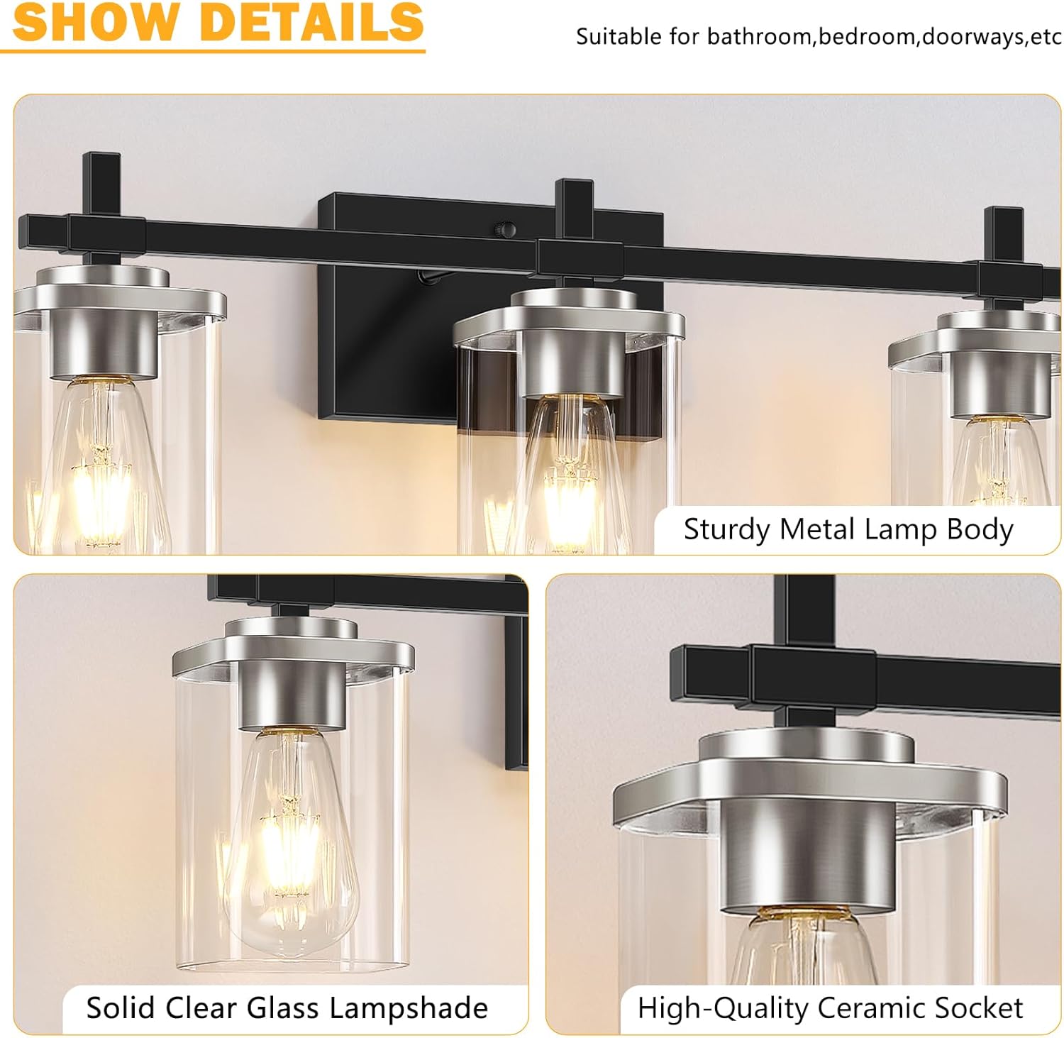 3-Lights Black and Brushed Nickel Bathroom Light Fixtures, Modern Black and Nickel Vanity Light with Clear Glass Shade, Wall Mount Lights Over Mirror for Bedroom Hallway Living Room