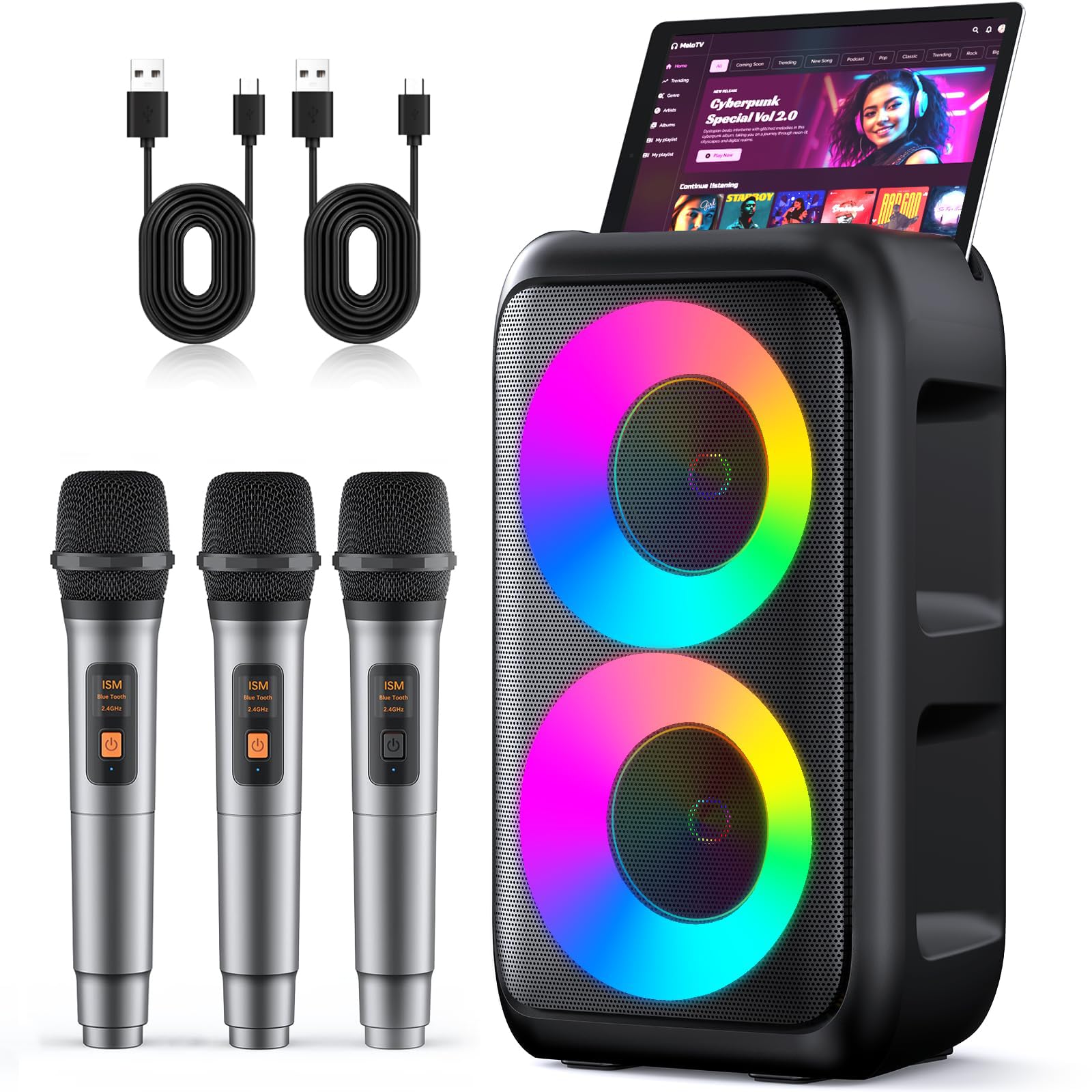 Máquina de karaoke, altavoz Bluetooth portátil con 3 micrófonos de karaoke inalámbricos, con tres micrófonos, karaoke de 10 W para adultos y niños con subwoofer mejorado, sistema PA, compatible con