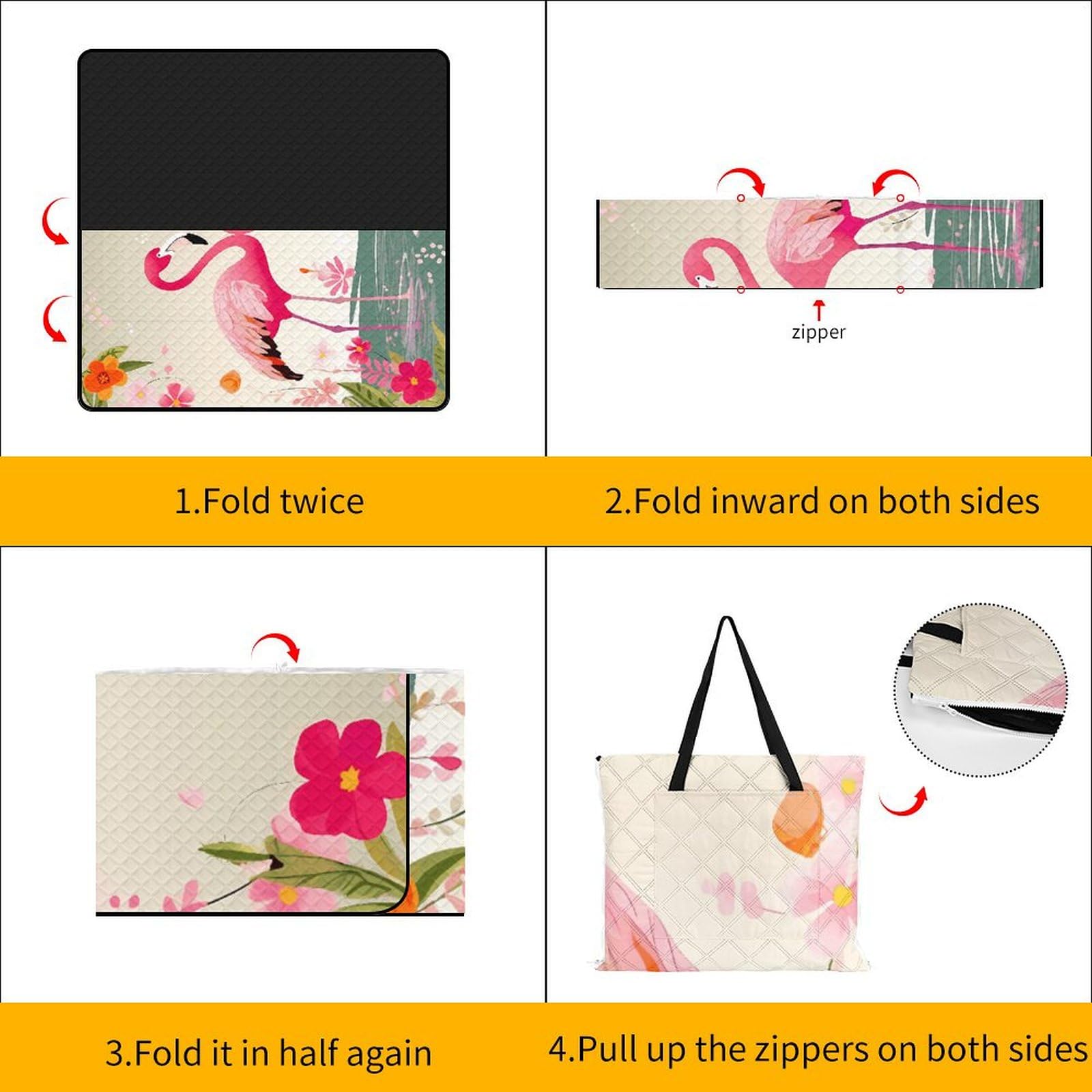 Tapis de pique-nique convertible à fermeture éclair avec motif flamants roses et fleurs - Couverture d'extérieur imperméable et isolante avec sac fourre-tout, pliable pour camping, plage