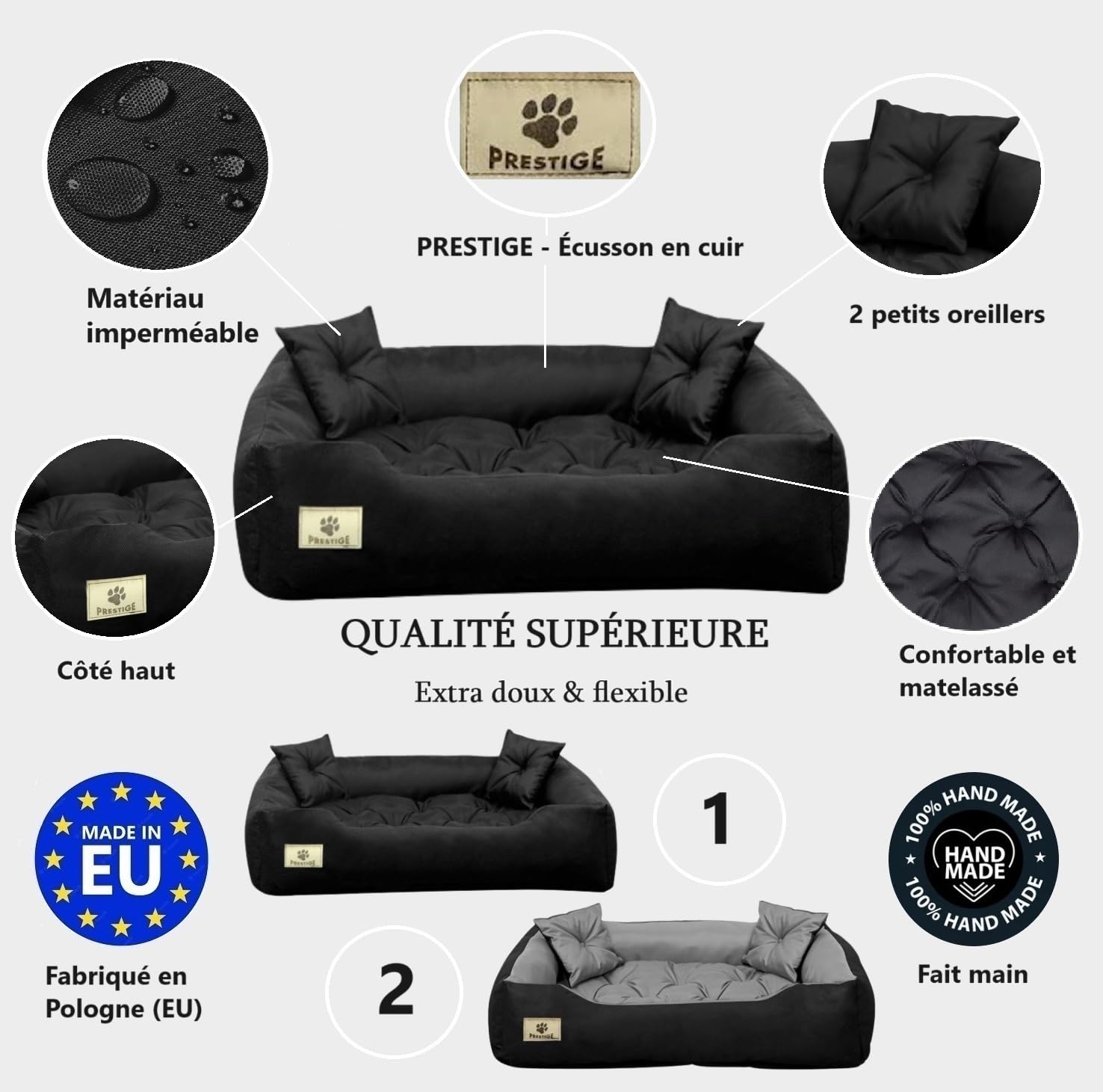 KING DOG Couchage Très Grand Chien XXL 130 x 105 cm Coussin Étanche Panier Lavable Confortable Moelleux Ultra Doux Fabriqué en Europe Noir