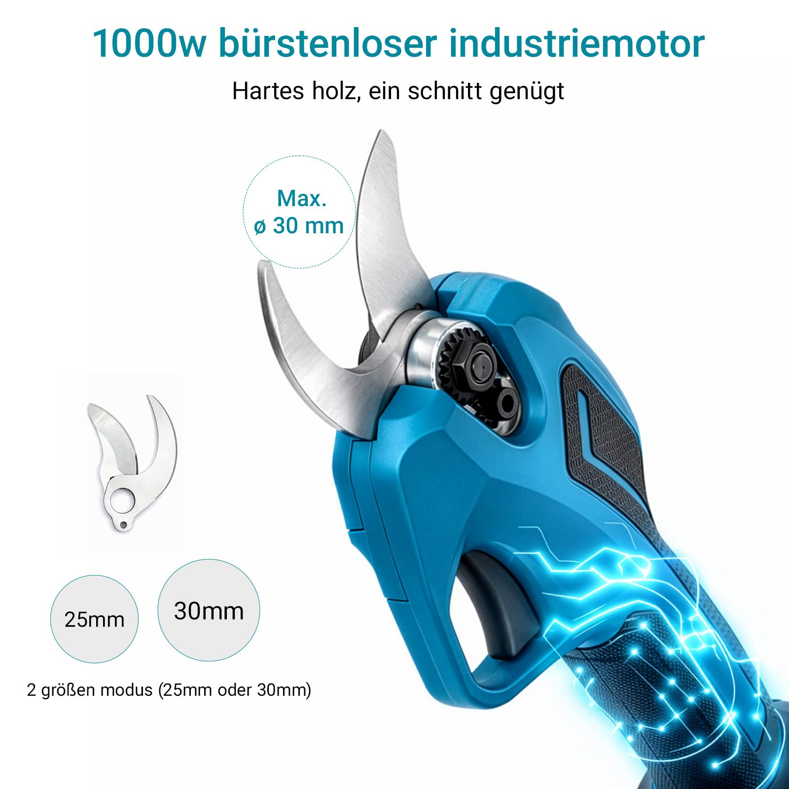 Akku Astschere 25/30MM Elektrische Gartenschere Kabellos für Makita mit LCD Anzeige, Leistungsstark Leise, Professionelle Bürstenlose Gartenschere für Zweige, Sträucher, Stämme (Ohne Teleskopstange)