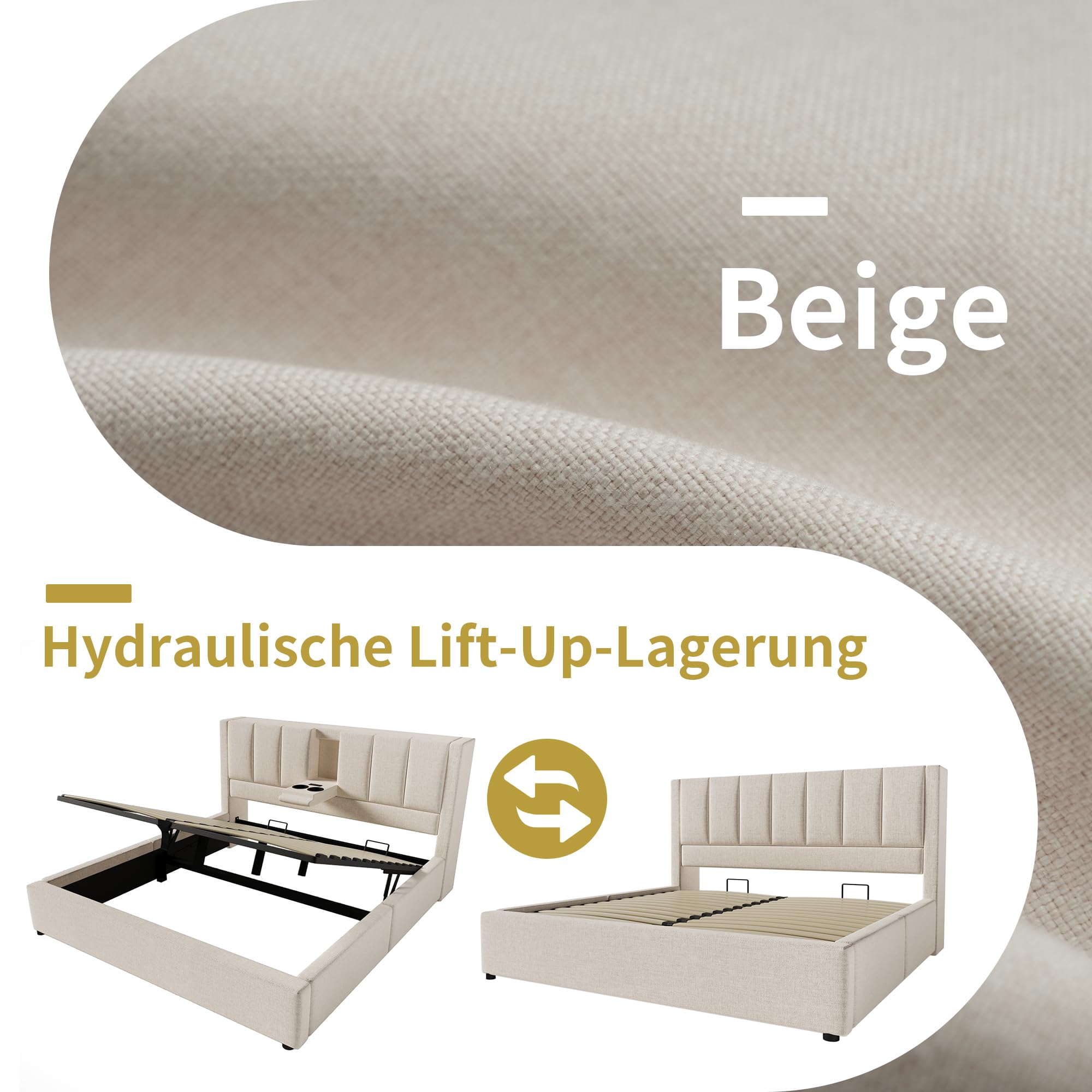 Cama de Matrimonio con Lino, Almacenamiento y Carga, Beige, 180x200 cm