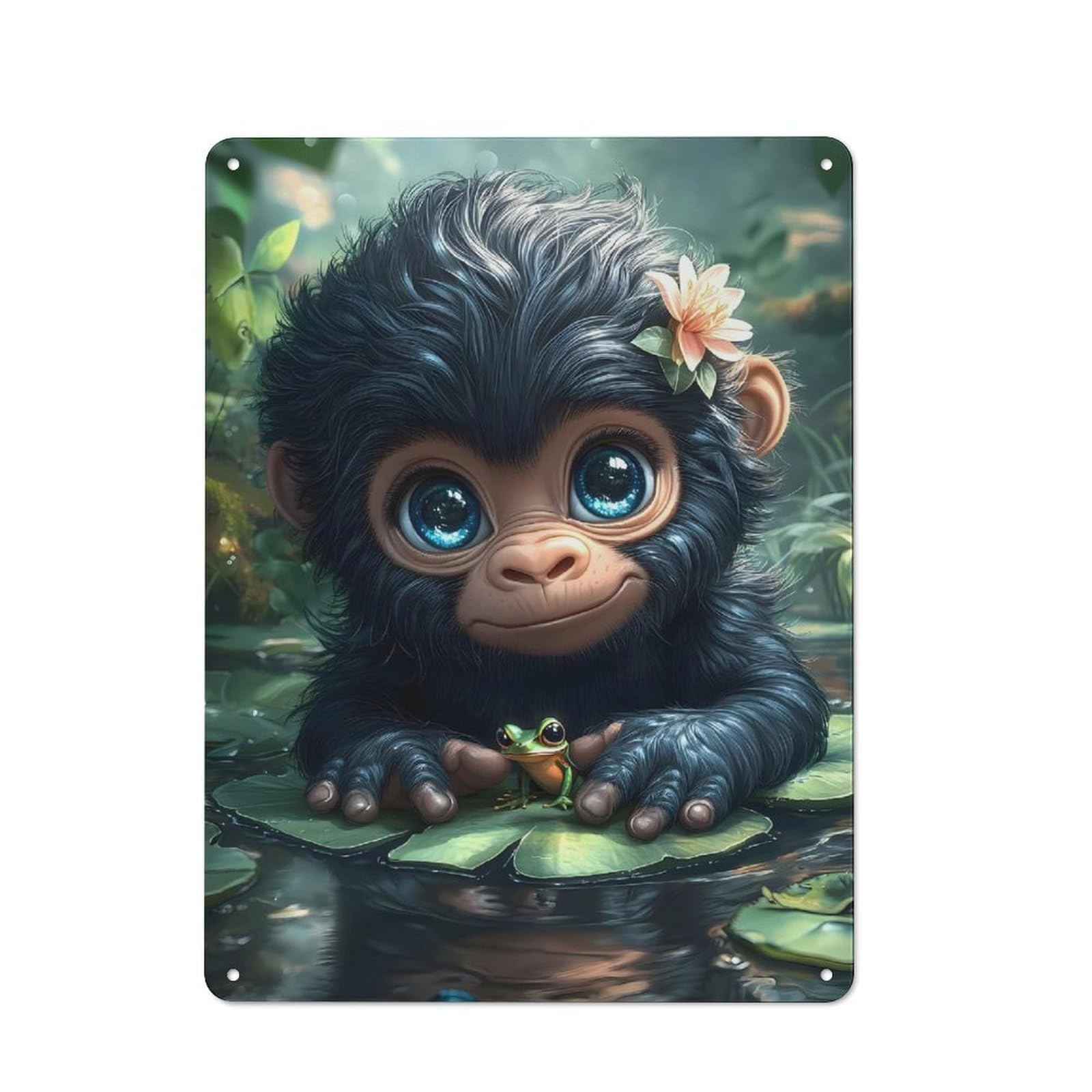 Cute Monkey with Frog on Lilypad Vintage Metal Sign 40x30cm for Hobby Room Or Studio, for Kitchen, Dining Room And Home Bar Wall Decor