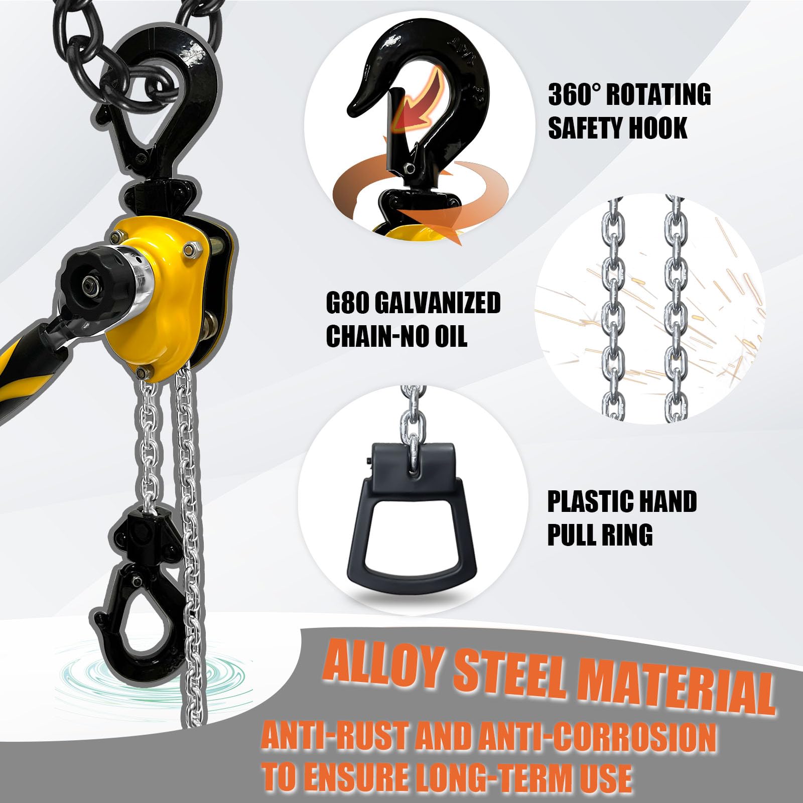 Mini paranco a catena da 1/2 tonnellata, con leva manuale, 3,5 m di sollevamento e capacità di 500 kg, con gancio di sicurezza, verricello portatile, resistente, con cricchetto G80, paranco a