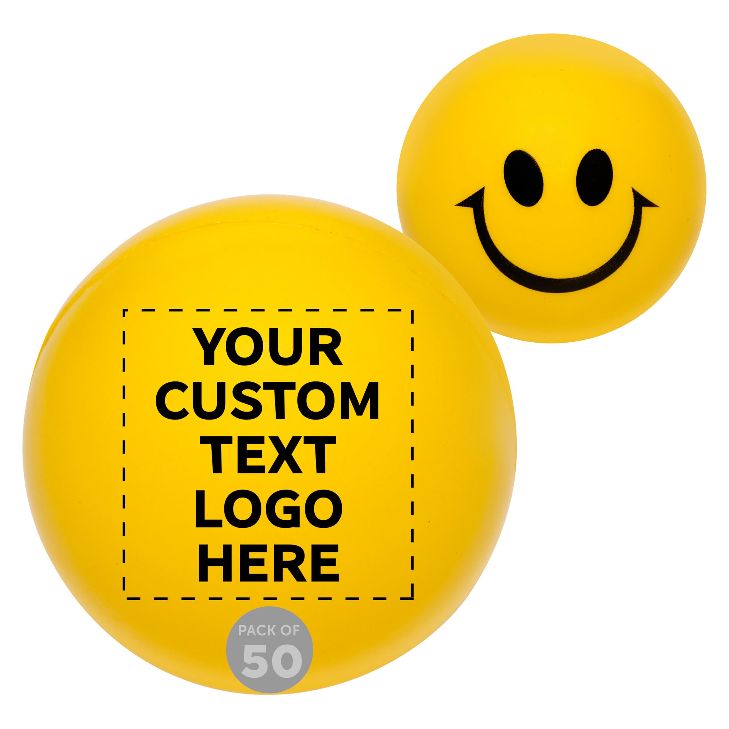 DISCOUNT PROMOS Custom Smiley Squeeze Balls Set of 50, Personalized Bulk Pack - Perfect Promotional Giveaways - Yellow