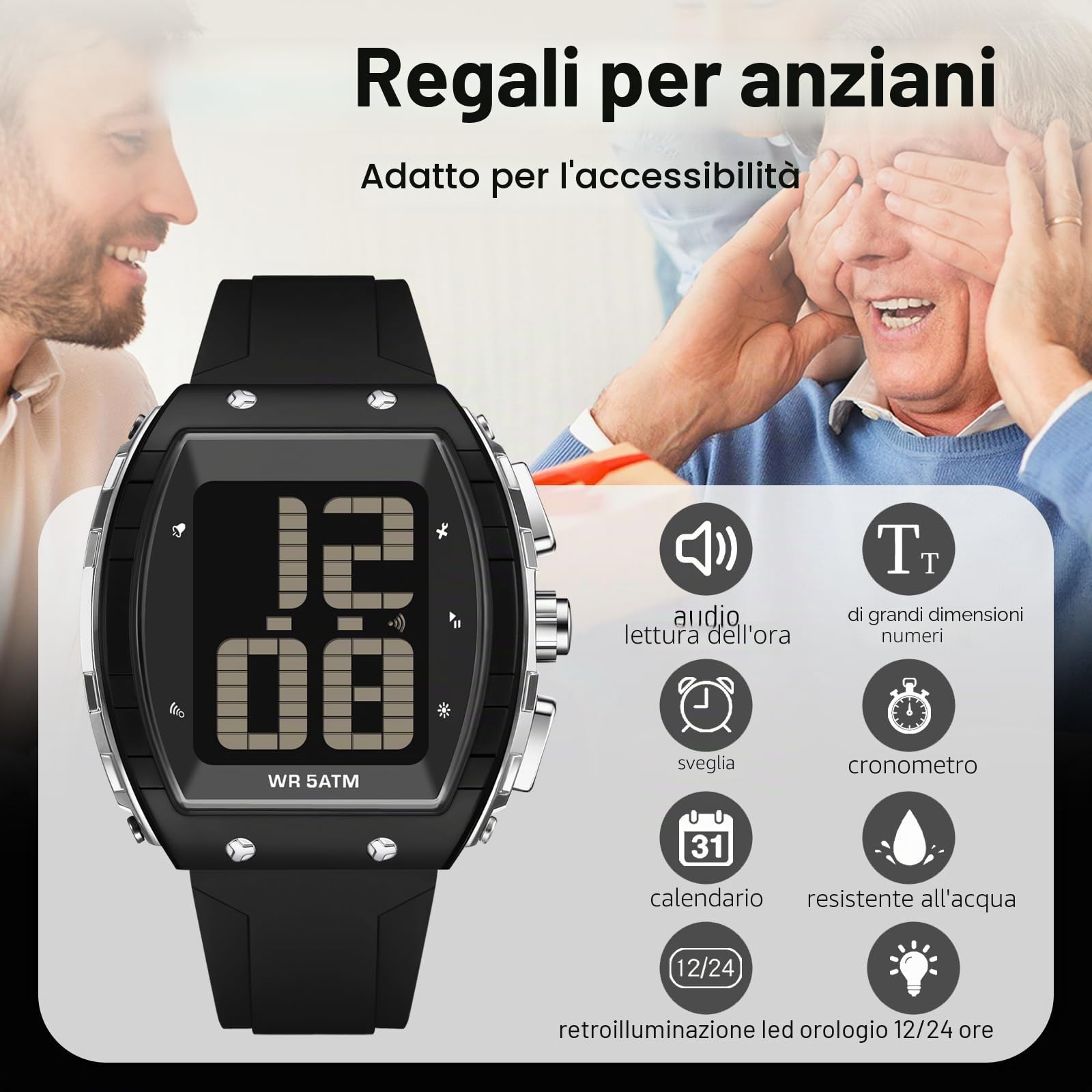 findtime Digital Watch for Seniors English Time-Telling Extra Large Numbers Display Alarm Waterproof Wrist Watches for Elderly Visually & Hearing Impaired Easy to Read Watches for Men Women