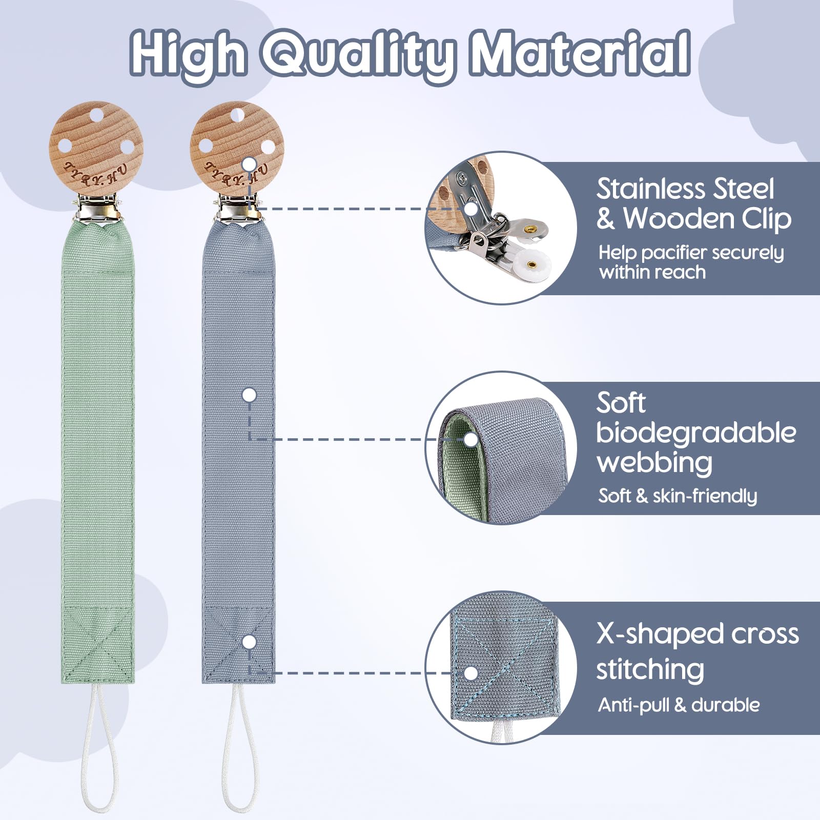 TYRY.HU Catenella Portaciuccio Tessuto Morbido Catenella Ciuccio Fatto a Mano Succhietto Porta Clip di Legno Cotone Bambini Ragazzi Massaggiagengive Clip Baby Regalo,2 Pezzi