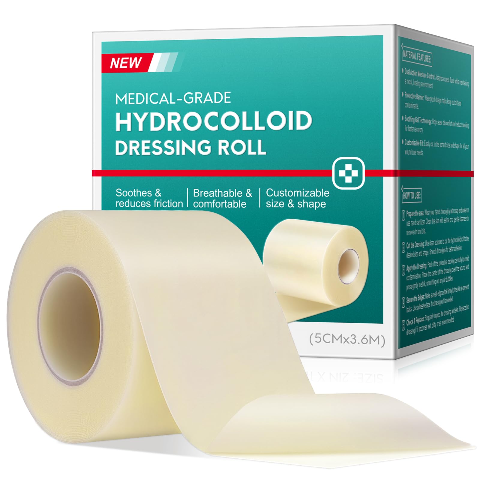 Hydrokolloid Pflaster Rolle 5cmx3.6m, Hydrokolloid Rolle für Wundverbände, Selbstklebender Wasserfestes Hydrokolloid Wundpflaster & Hautfreundlich Wundauflagen für Schnittwunden und Kratzer