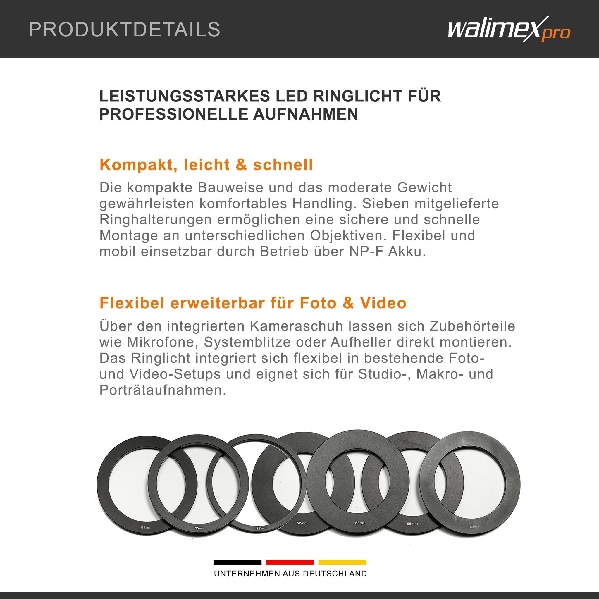 Walimex pro Macro LED Ringlicht DSR 232, Ringleuchte 14 W mit 232 LEDs, stufenlos dimmbares Videolicht