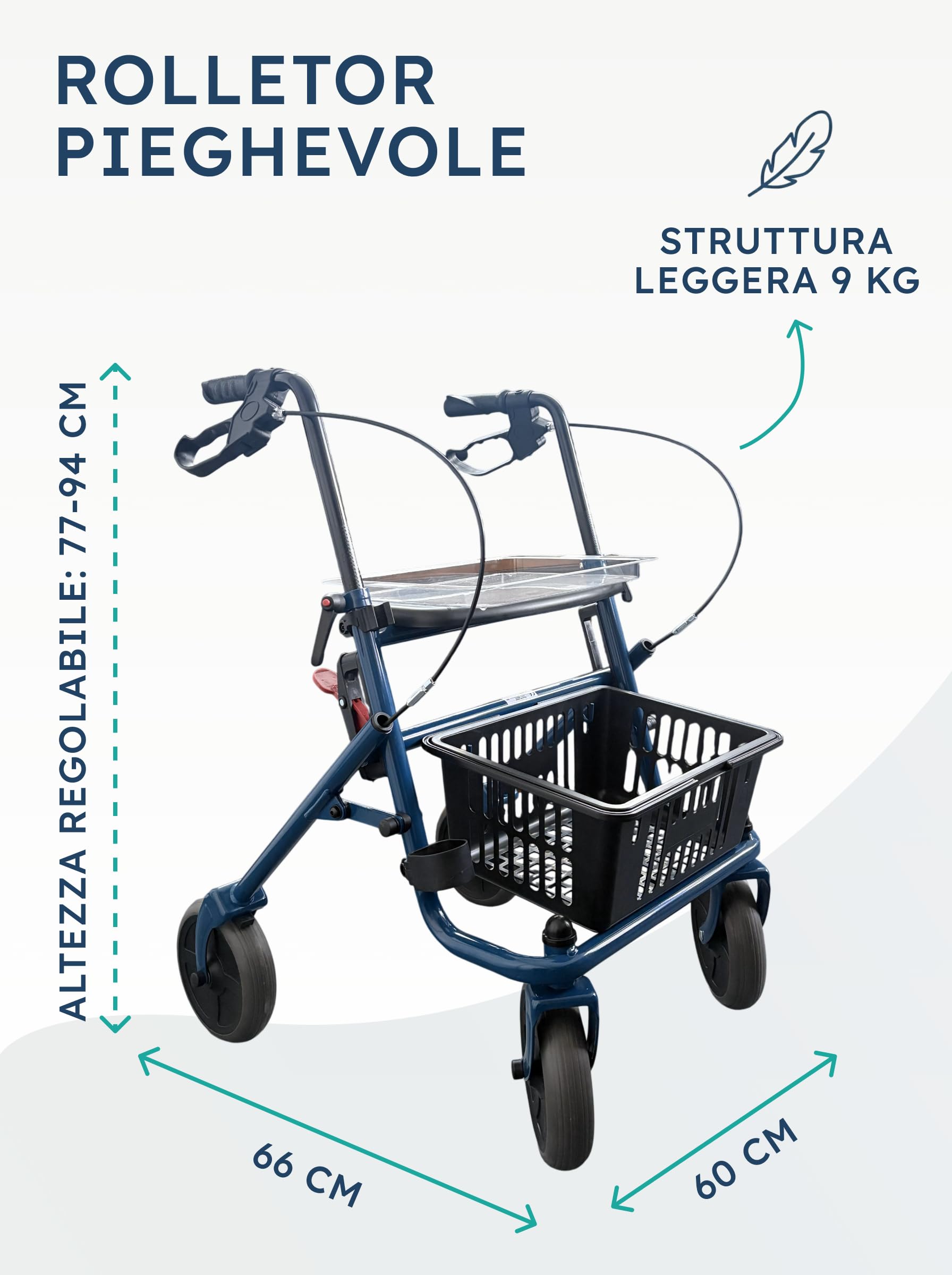 SPES Rollator Deambulatore Anziani 4 Ruote Pieghevole con Seduta, Blu