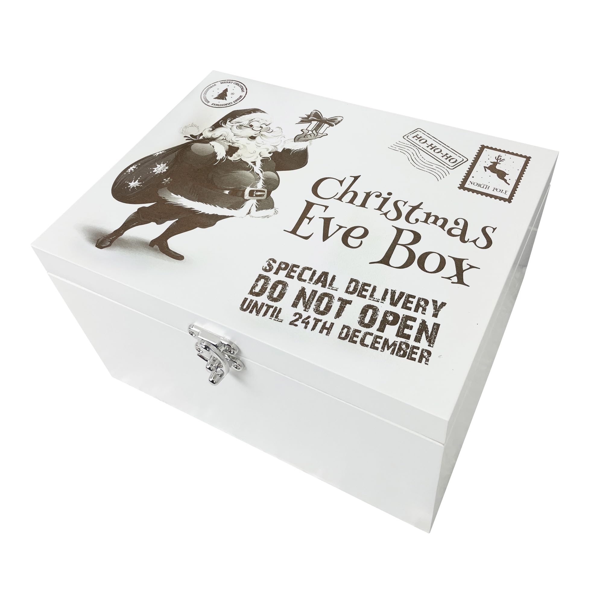 The Lovely Keepsake Company Festive Santa Engraved Christmas Eve Box | Reusable White Pine Wooden Box with Metal Hinges & Clasp | Perfect for a New Xmas Family Tradition | 27cm x 19cm x 14cm