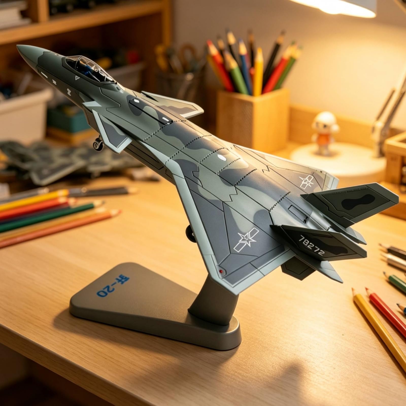 predolo Modellino di Caccia J-20 Realistico Aereo da Caccia in Miniatura Elegante Modellino con Supporto per Collezionisti, 1 72 Edizione Mimetica Di Servizio