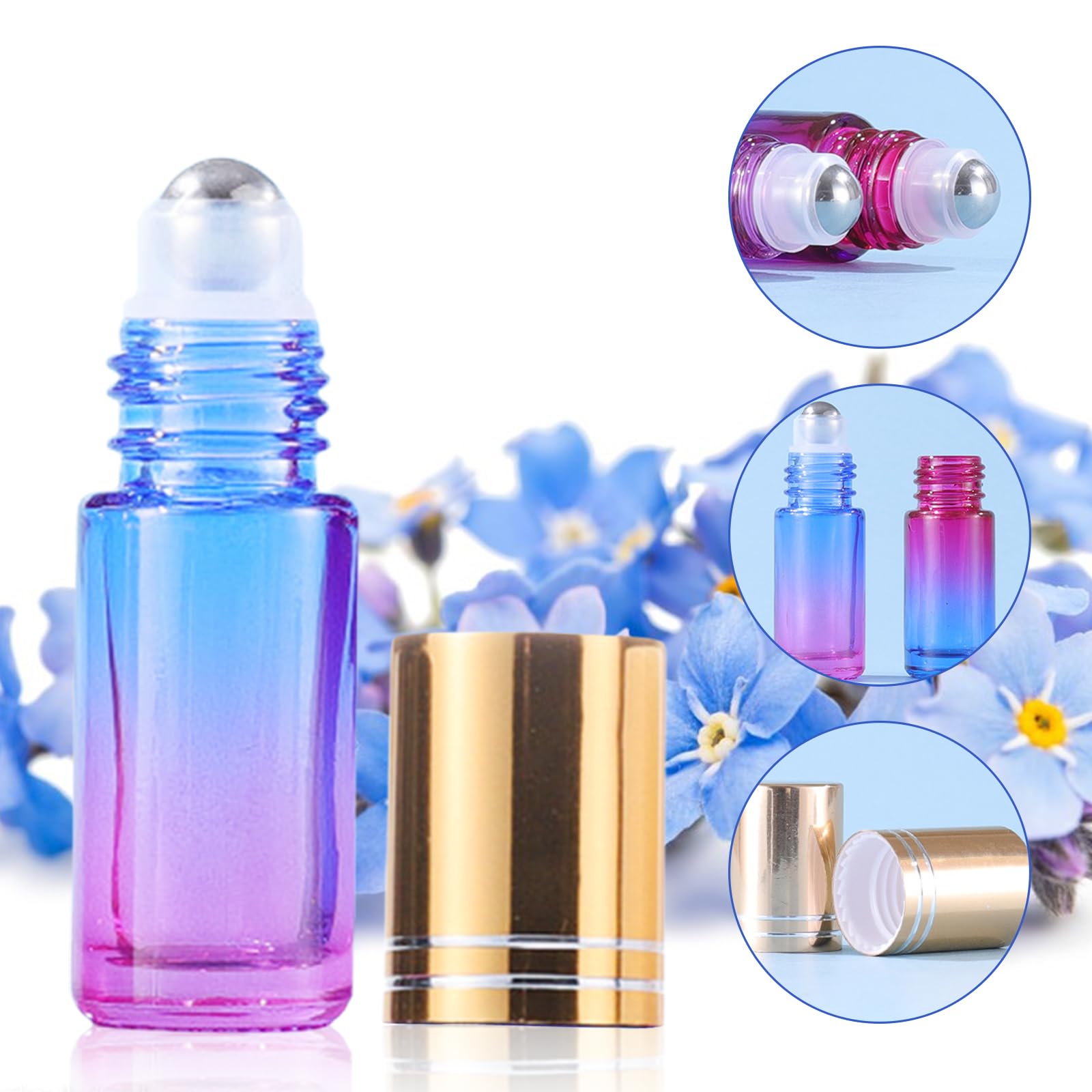 Botellas de rodillo de aceites esenciales: 25 unidades de 5 ml de color en botella vacía con embudo y abridor y paja, botellas de rodillo de cristal, para aceites esenciales de aromaterapia