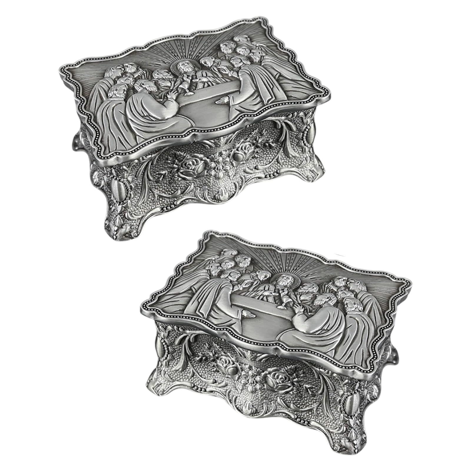Caja de joyería pequeña de 2 piezas con exquisitas rosas grabadas para exhibir accesorios Cajas de almacenamiento para anillos Pendientes Caja de almacenamiento de aro de metal