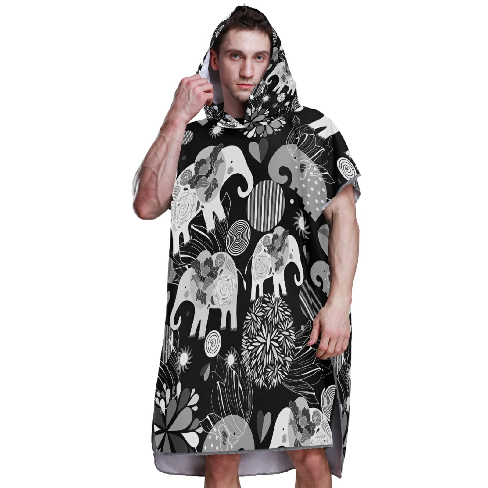 Vintage Emaillierte Elefanten-Kreise Blumen auf dunklem Surf-Poncho Wickelmantel mit Kapuze und Tasche, schnell trocknender Bademantel, Mikrofaser-Handtuch-Neoprenanzug für Bad, Strand, Outdoor