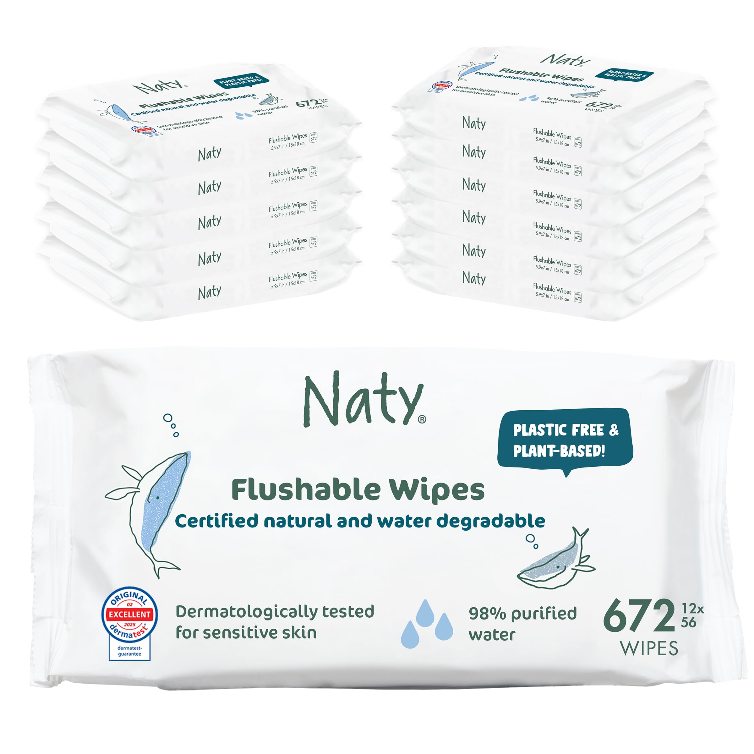 Naty Flushable Baby Wipes - 100% Plant-Based, Plastic-Free, Fragrance-Free, Unscented, Hypoallergenic for sensitive skin, Dermatologically Tested (Regular - 672 Count - 12 Packs of 56)