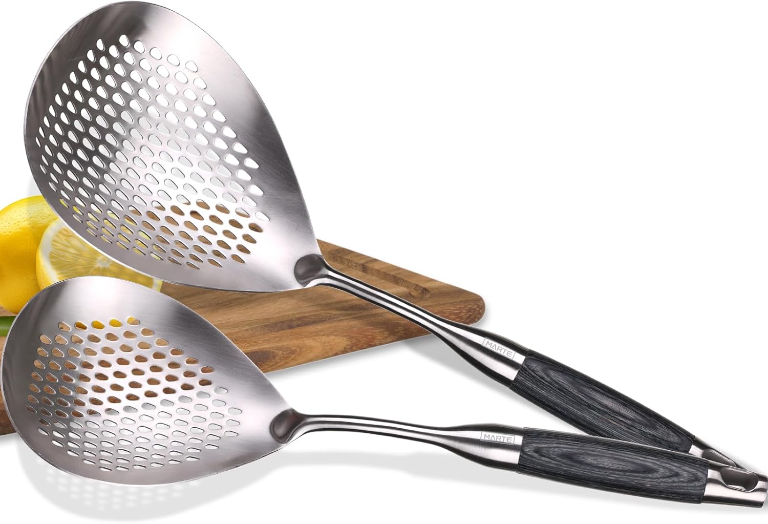 MARTE Skimmer Slotted Spoon,304 Stainless Steel Pasta Spider Strainer Ladle for Frying and Cooking,Set of 2 Kitchen Colanders & Food Strainers,Serving Spoon with Heat-Resistant Solid Wood Handle MARTE Skimmer Slotted Spoon,304 Stainless Steel Pasta Spider Strainer Ladle for Frying and Cooking,Set of 2 Kitchen Colanders & Food Strainers,Serving Spoon with Heat-Resistant Solid Wood Handle