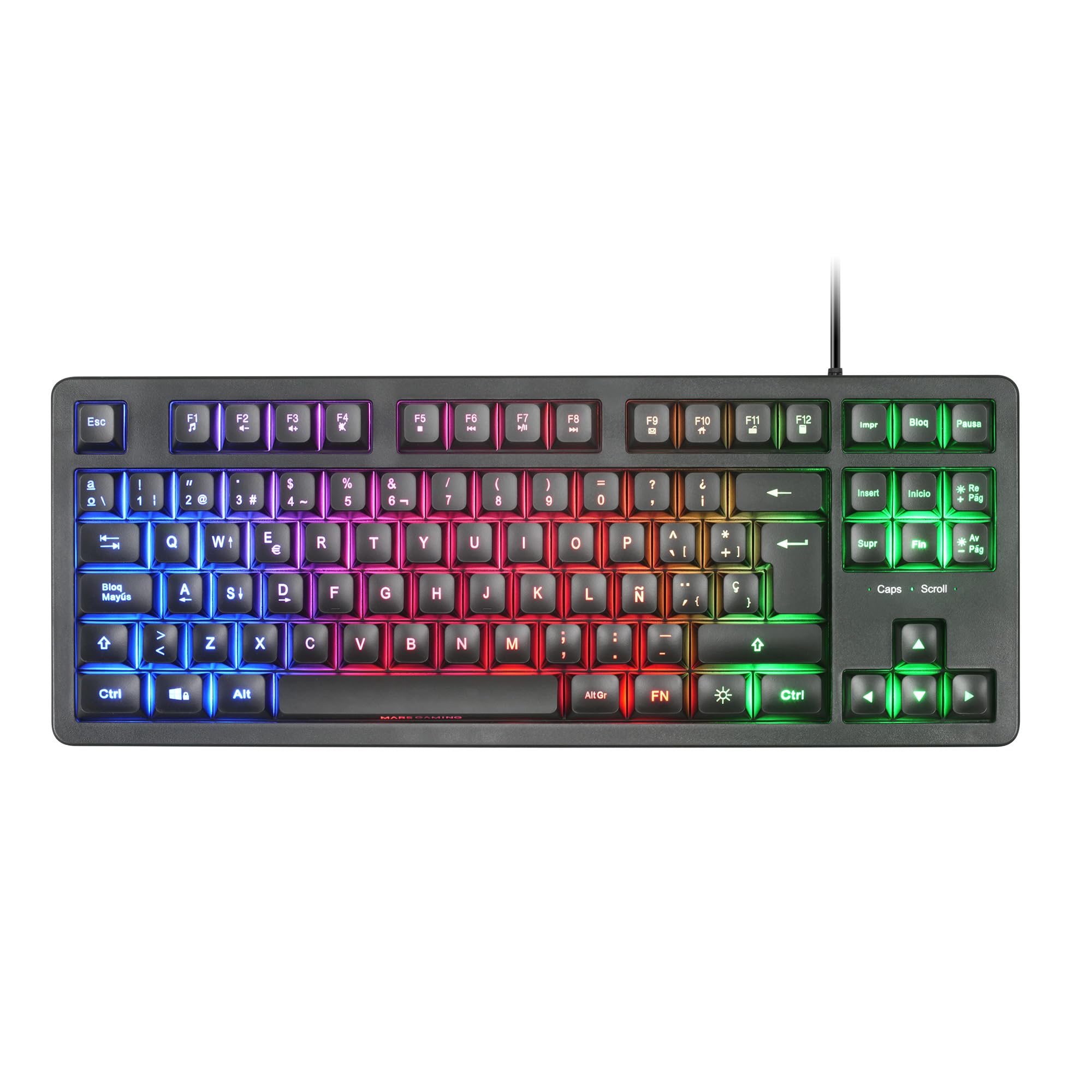 Mars Gaming MK023, Idioma Español, Teclado Gaming TKL, Tecnología Híbrida H-Mech, Iluminación FRGB Rainbow, Anti-ghosting, Compatibilidad Universal, Negro