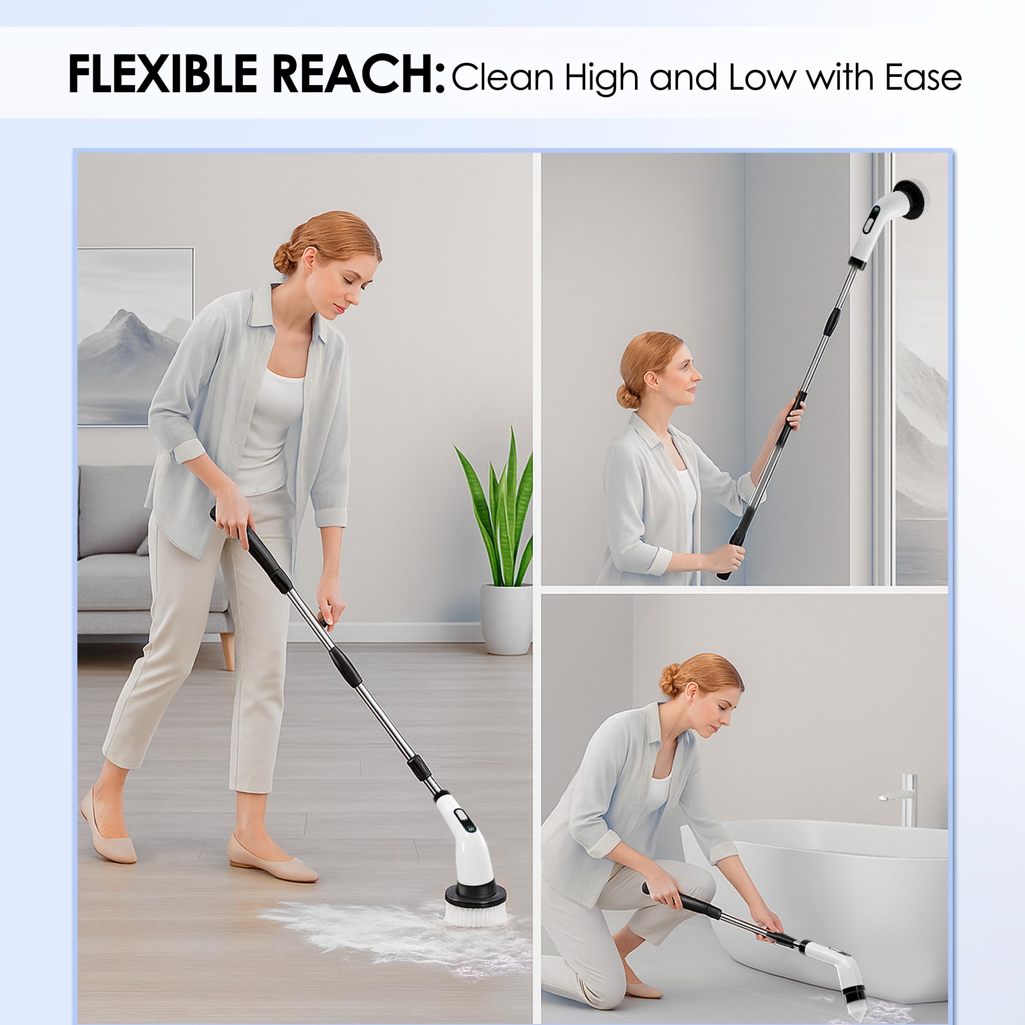 Limpiador giratorio eléctrico para limpieza, limpiador eléctrico inalámbrico con mango de extensión ajustable y 7 cabezales de cepillo reemplazables, IPX7 impermeable, para baño, ducha, bañera