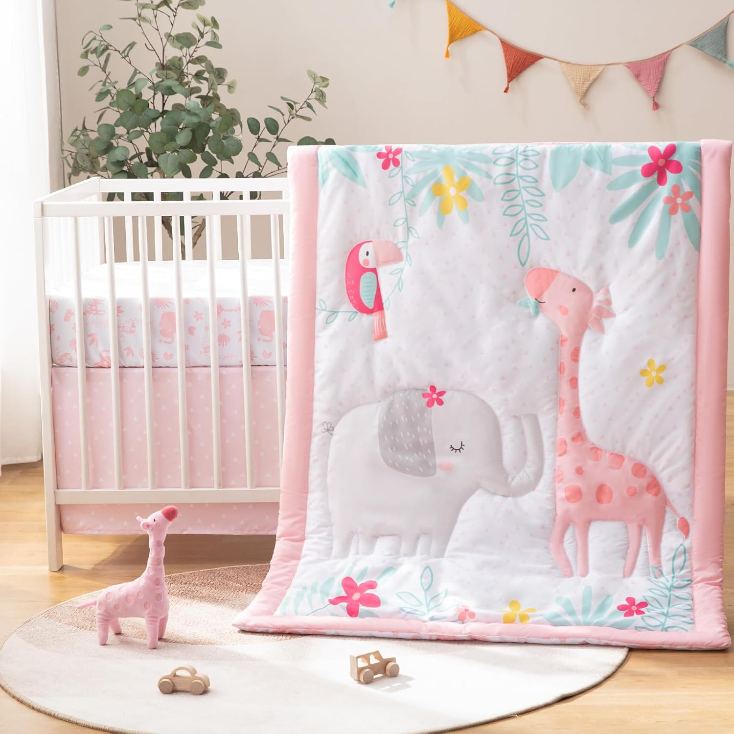 4-Piece Crib Bedding Set for Baby Boys Girls, Infant Toddler Nursery Baby Bedding Sets Includes Cartoon Quilt, Fitted Crib Sheet, Crib Skirt and Plush Giraffe Toy