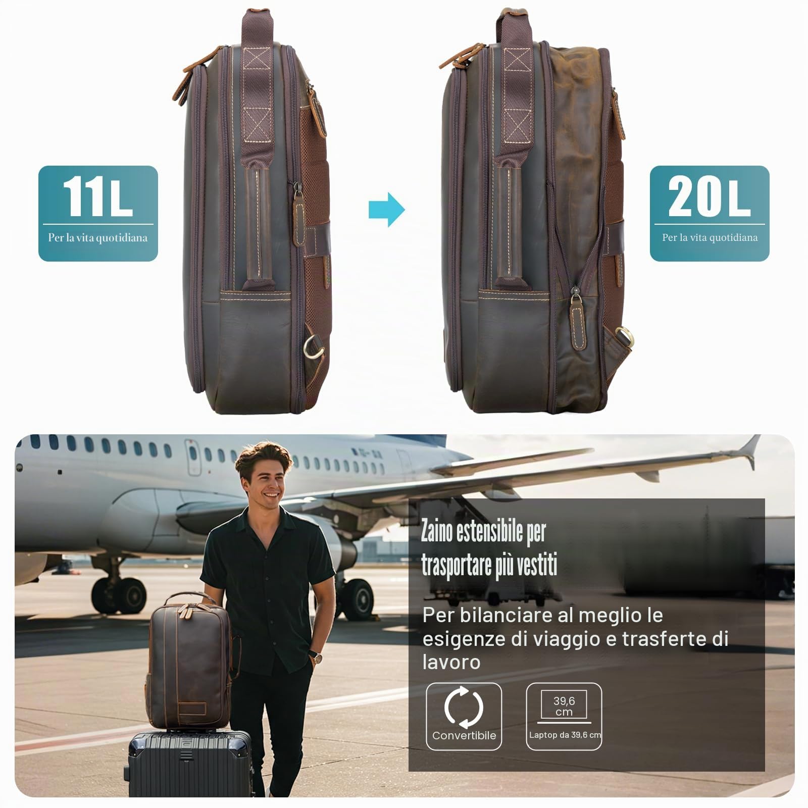 TIDING Zaino per computer portatile da uomo, in vera pelle grande zaino da viaggio antifurto valigetta per computer da 15,6 pollici per viaggi di lavoro