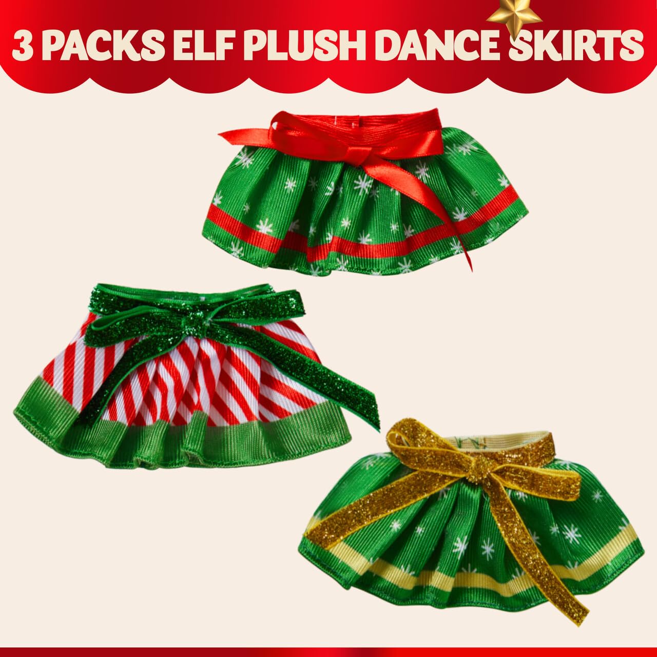 3 piezas de faldas de Navidad para muñeca, ropa de Papá Noel verde de Navidad, vestido de baile, juego de accesorios para decoraciones de Navidad y especiales 2