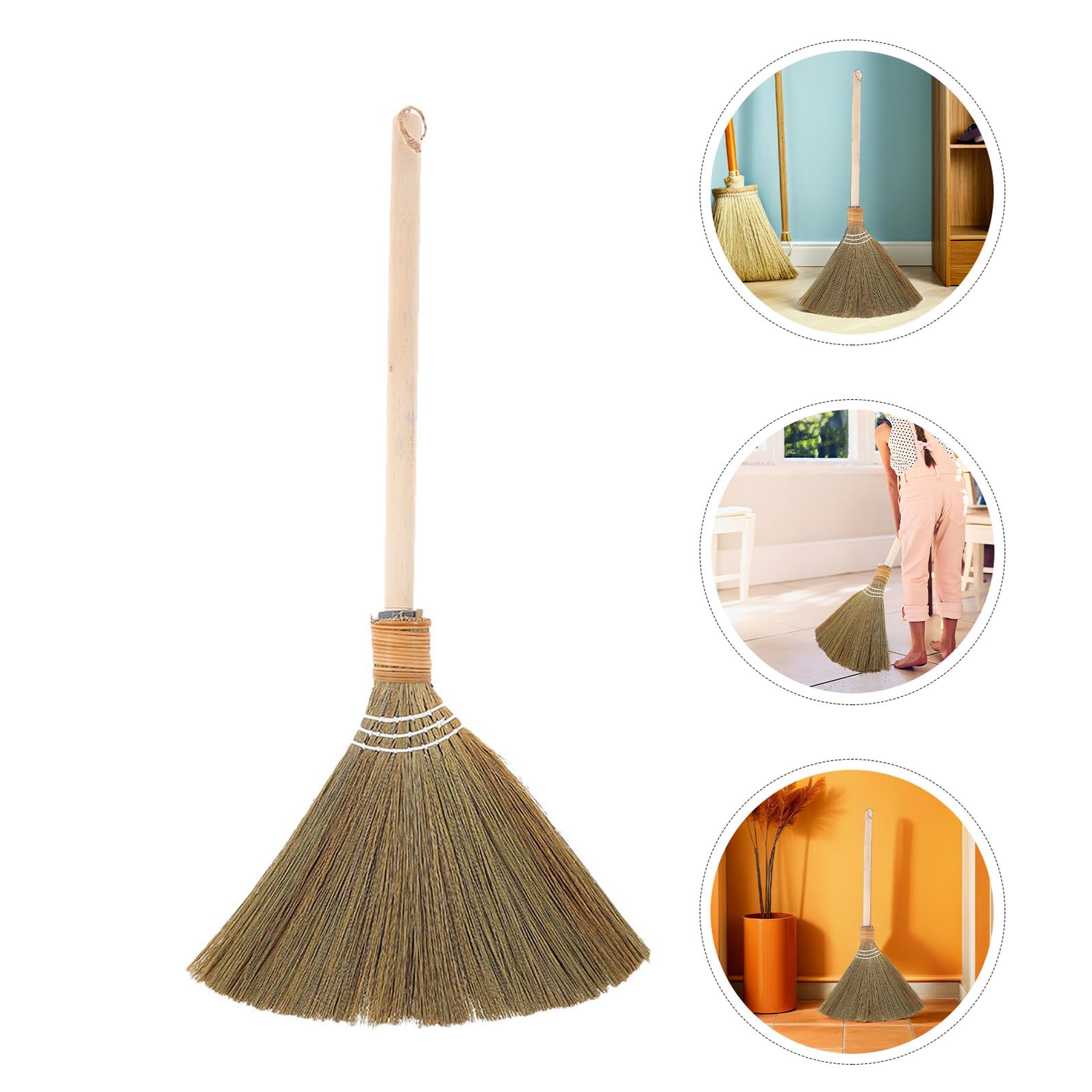Escoba de Mano Tradicional 2 Piezas de Madera y Miscanthus | Color Caqui, Cabezal Desmontable, Barrido Suave para Interior y Salas de Estar