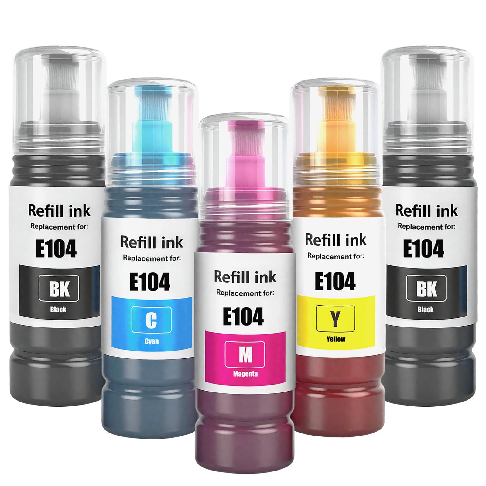 E104 Bottiglie di Inchiostro Compatibili Multipack per Stampanti ET-2710 2711 2712 2714 2715 2720 2721 2726 ET-2810 2811 2812 2814 2815 2820 2821 ET-4800 (5-Pack, 2 Nero, 1 Ciano/Magenta/Giallo)
