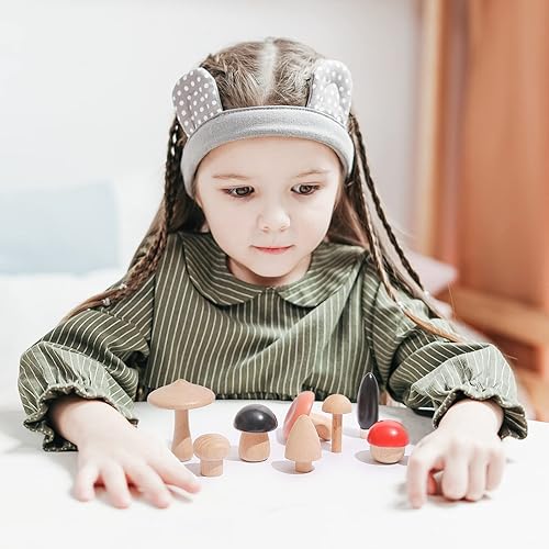 Miniatura 9 de Promise Babe Juguetes de hongos de madera Montessori, bloques de madera apilables para niños pequeños, hongos en miniatura de varios tamaños,