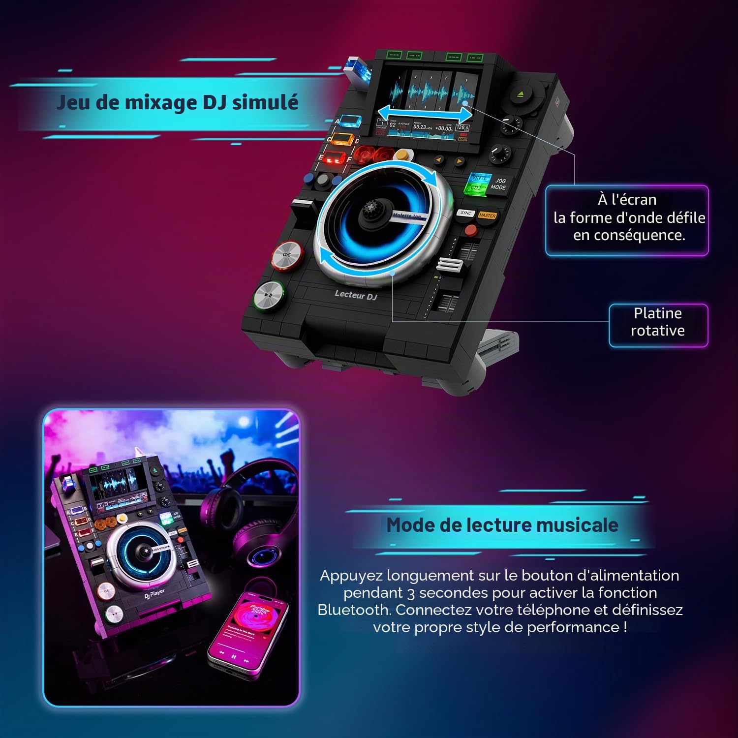 PANTASY Contrôleur DJ - Platine disque DJ - Kit de construction avec lecture de musique Bluetooth - Double modes d'éclairage - Support réglable - Modèle de décoration de bureau interactif pour enfants