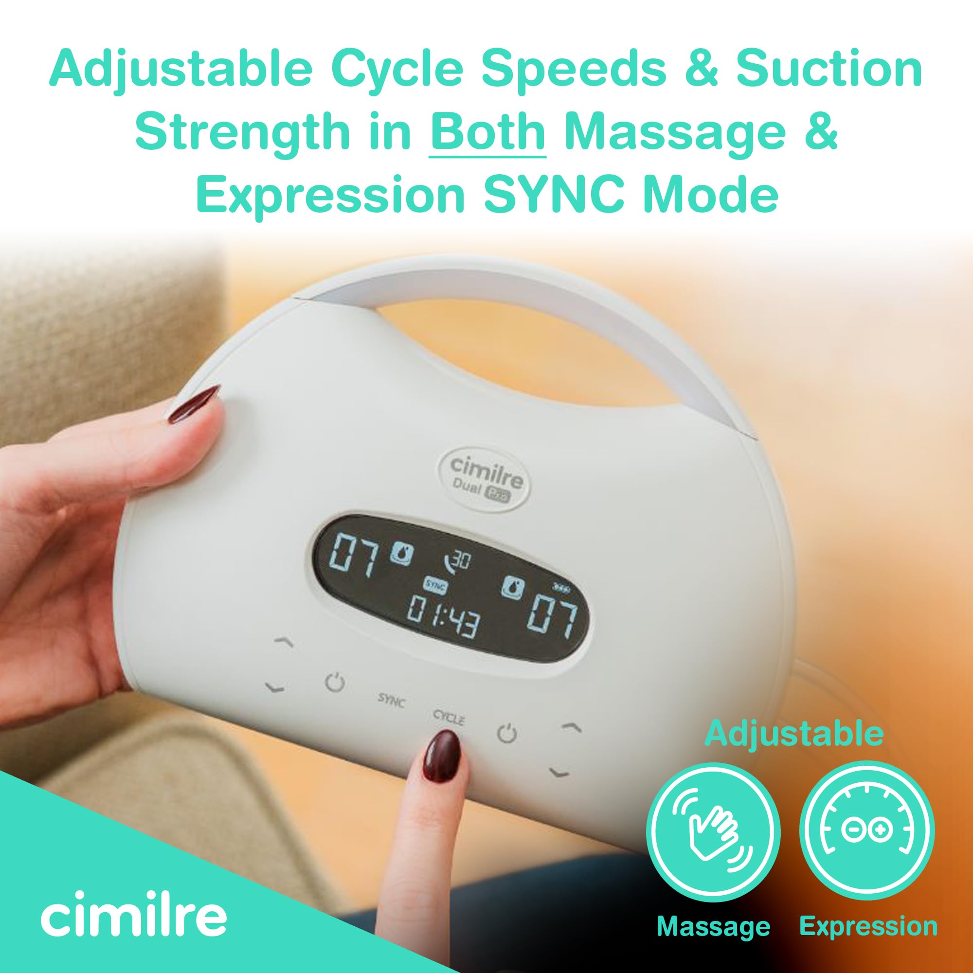 S7 Dual Pro - Extractor de leche recargable de Cimilre, sesiones de bomba personalizables con motores duales, velocidades de ciclo múltiples y niveles de succión de fuerza hospitalaria, doble