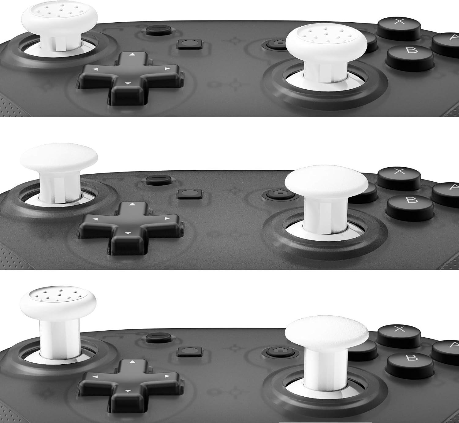 eXtremeRate White ThumbsGear Interchangeable Ergonomic Thumbsticks for Nintendo Switch Pro Controller with 3 Height Domed and Concave Grips Adjustable Joystick