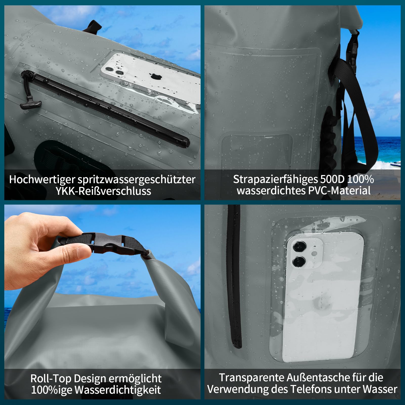 Wasserdichter Rucksack 30-35L, Rolltop Waterproof Backpack Mit Gepolstertem Tragegurt, Wasserdichtem Reißverschluss Wasserdichte Tasche, Dry Bag Für Wassersport Radfahren Outdoor Wandern (Grau)