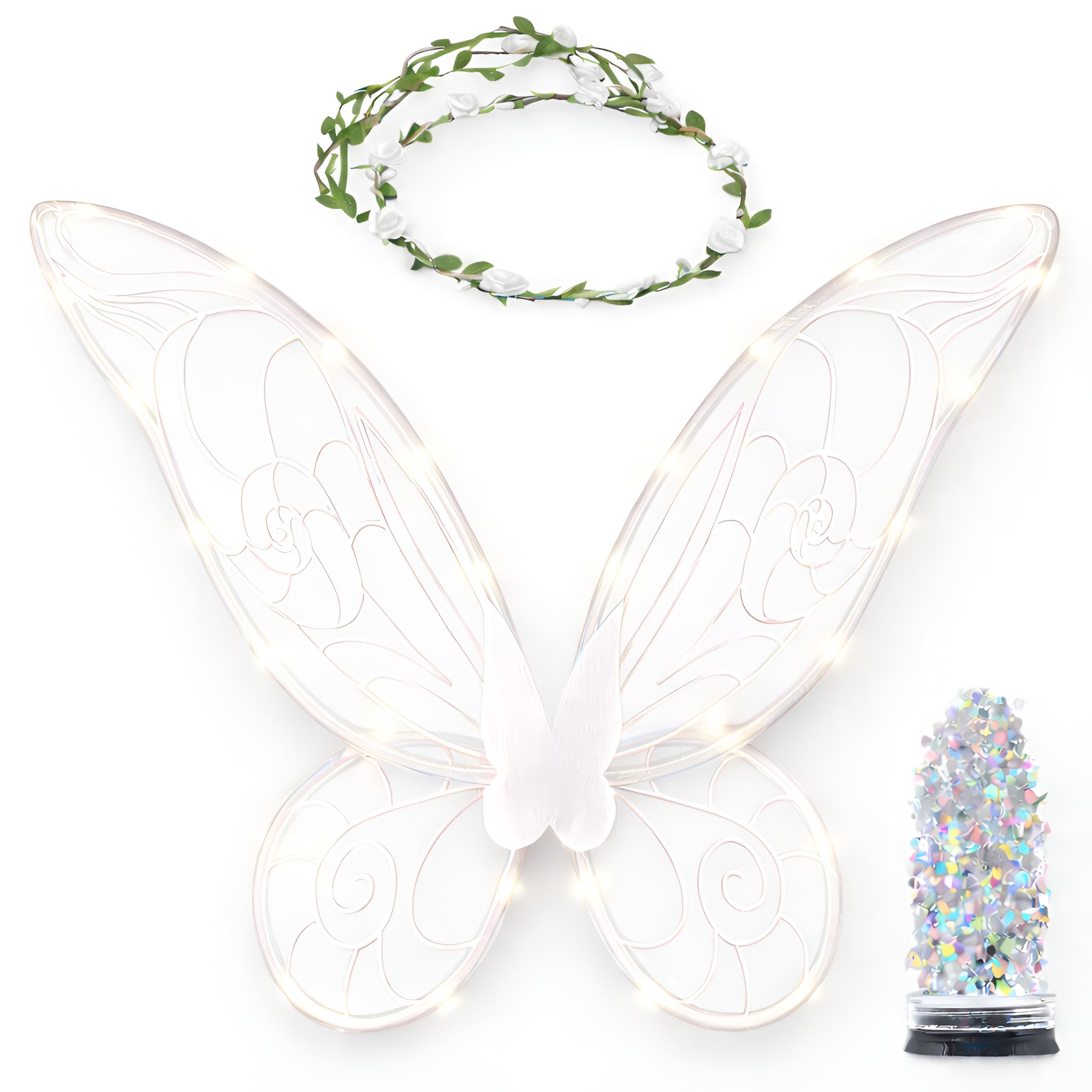 Fairy Costume For Women and Girls - Light Up Fairy Wings and Flower Crown, Glitter - Butterfly Wings