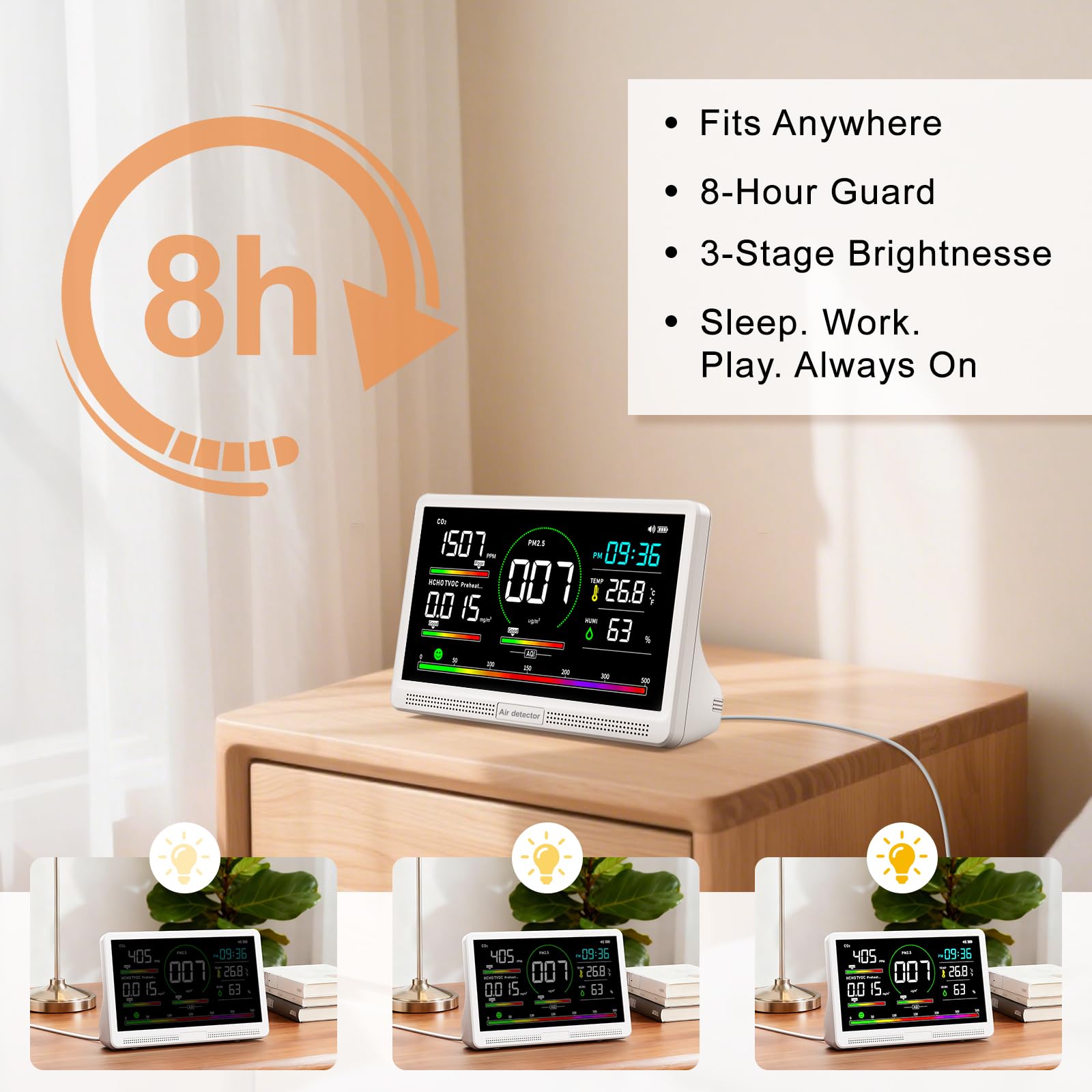 16 in 1 Air Quality Monitor Indoor 7" Display 9 AQI+7 AQI Alerts,Portable Air Quality Tester CO2, TVOC, PM2.5 PM1.0 PM10, HCHO Temperature Humidity Temp & Time Air Quality Meter for Home — Amazon image 9