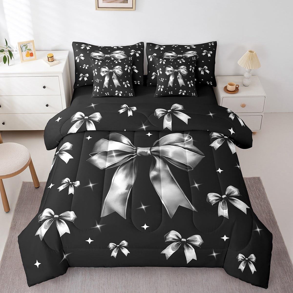 Erosebridal 7 Piece Kawaii Bow Knot Bedding Sets White Coquette Bow Comforter Set Full Purple Princess Bed in a Bag Modern Watercolor Aesthetic Bedding Set with Comforter Simple Bow Tie Decor