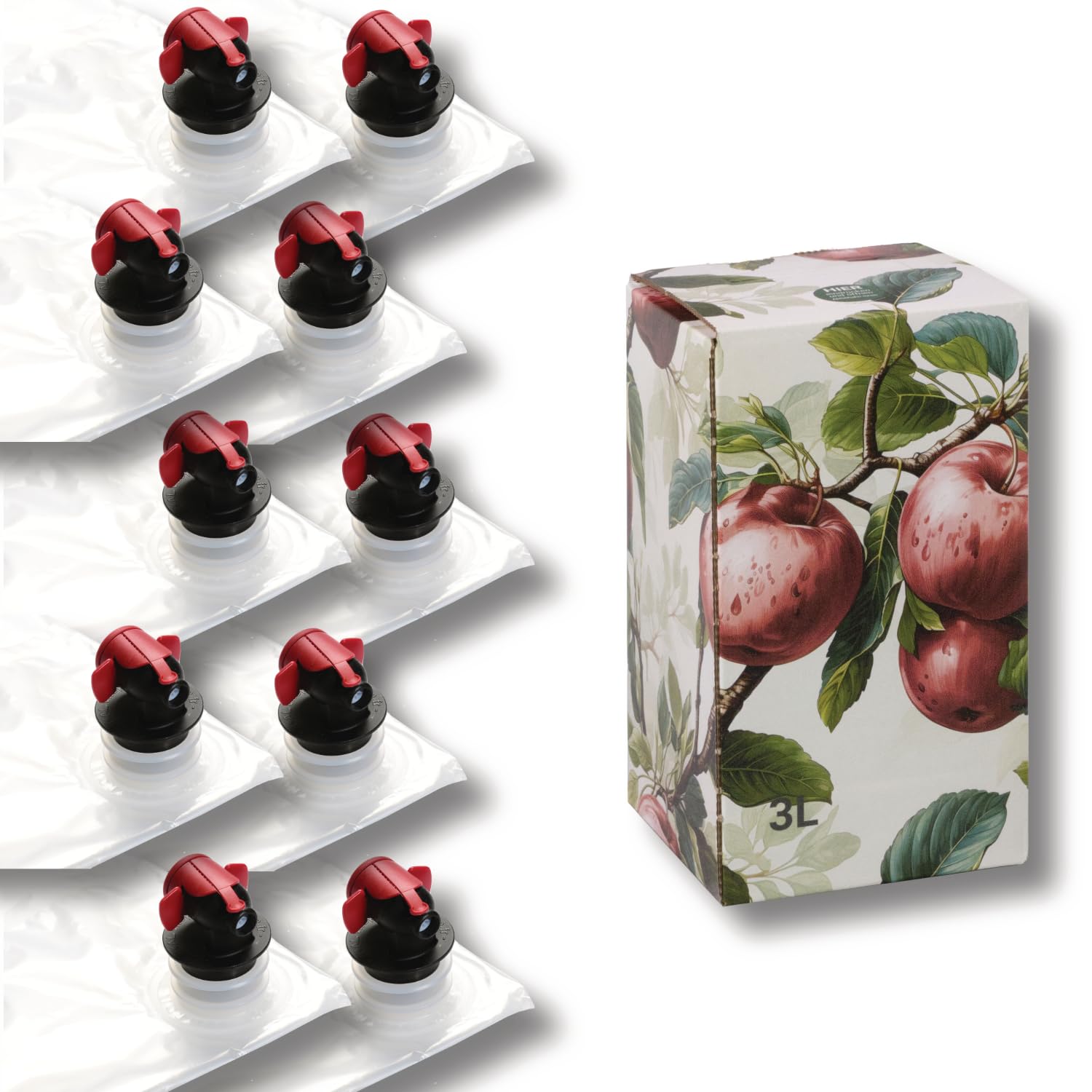 AGRI plus Bag-in-Box-Beutel mit Karton I 3 Liter I 50 Stück I Hochwertiges Saftbeutel-Set mit Rote-Äpfel-Motiv I Bis zu 40 x wiederverwendbar I Standboden-Beutel für Apfelsaft, Saft & Wein