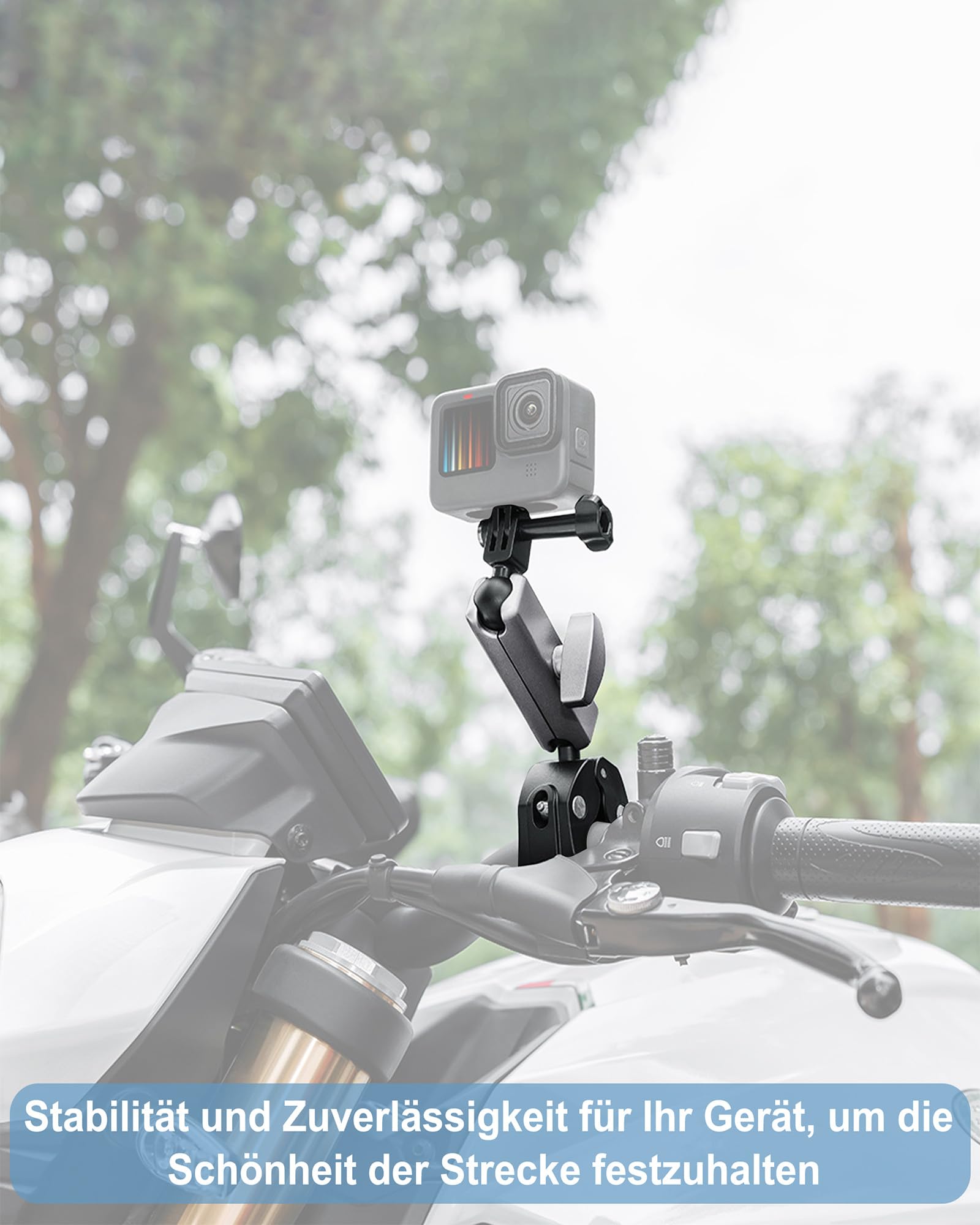 TMZELOA Action Cam stuurhouder, motorfiets stuurhouder, 9 verlengarmen, dubbele kogelkop, 360° aluminium houder, 1/4-20 schroefdraadadapter, voor GoPro E- bike/MTB stuurklem 16-40 mm
