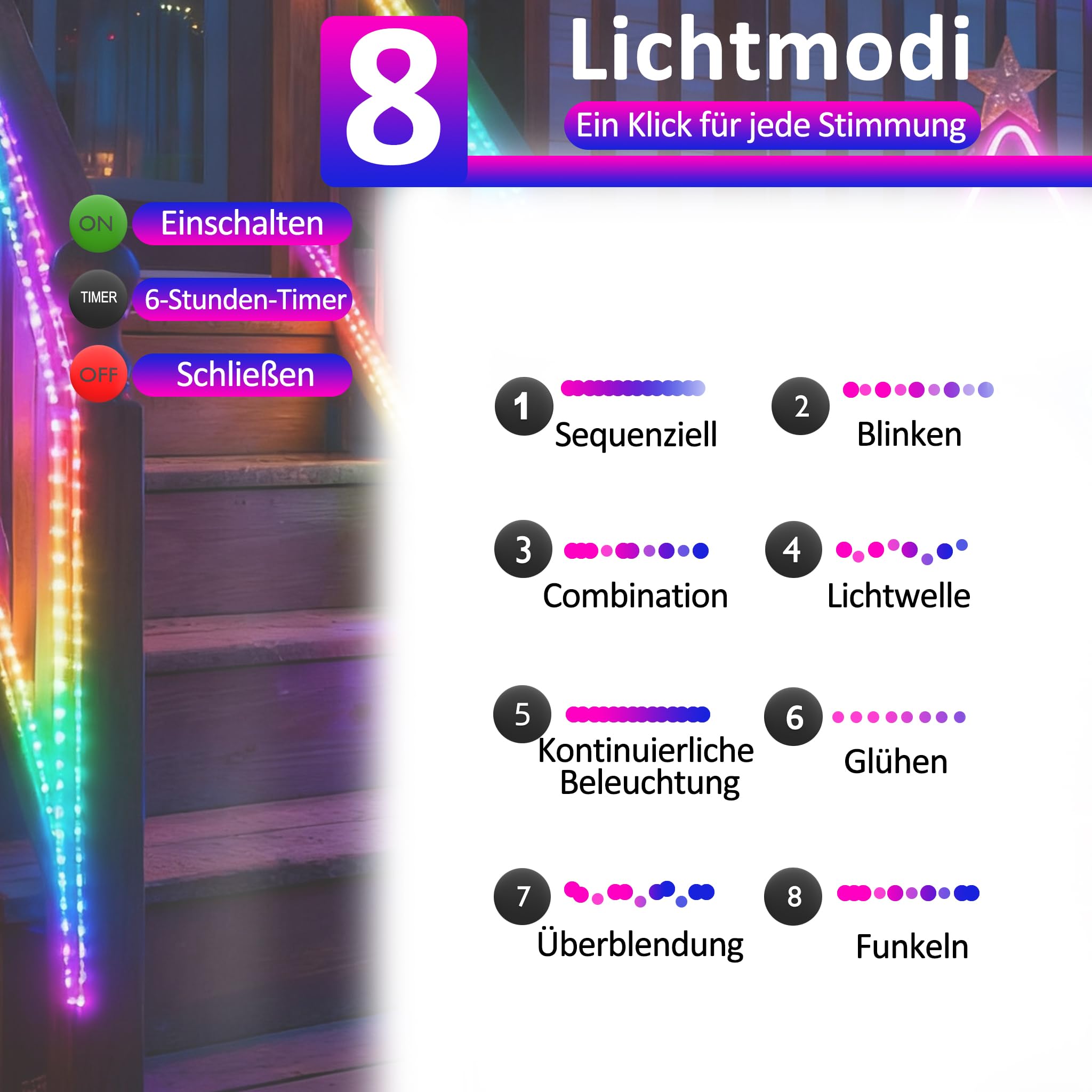 YRHome wąż świetlny LED, 100 m, 1000 diod LED, z wtyczką, do użytku na zewnątrz, z timerem, 8 trybów i możliwością regulacji jasności, IP44, wodoodporny, oświetlenie dekoracyjne RGB LED, do użytku