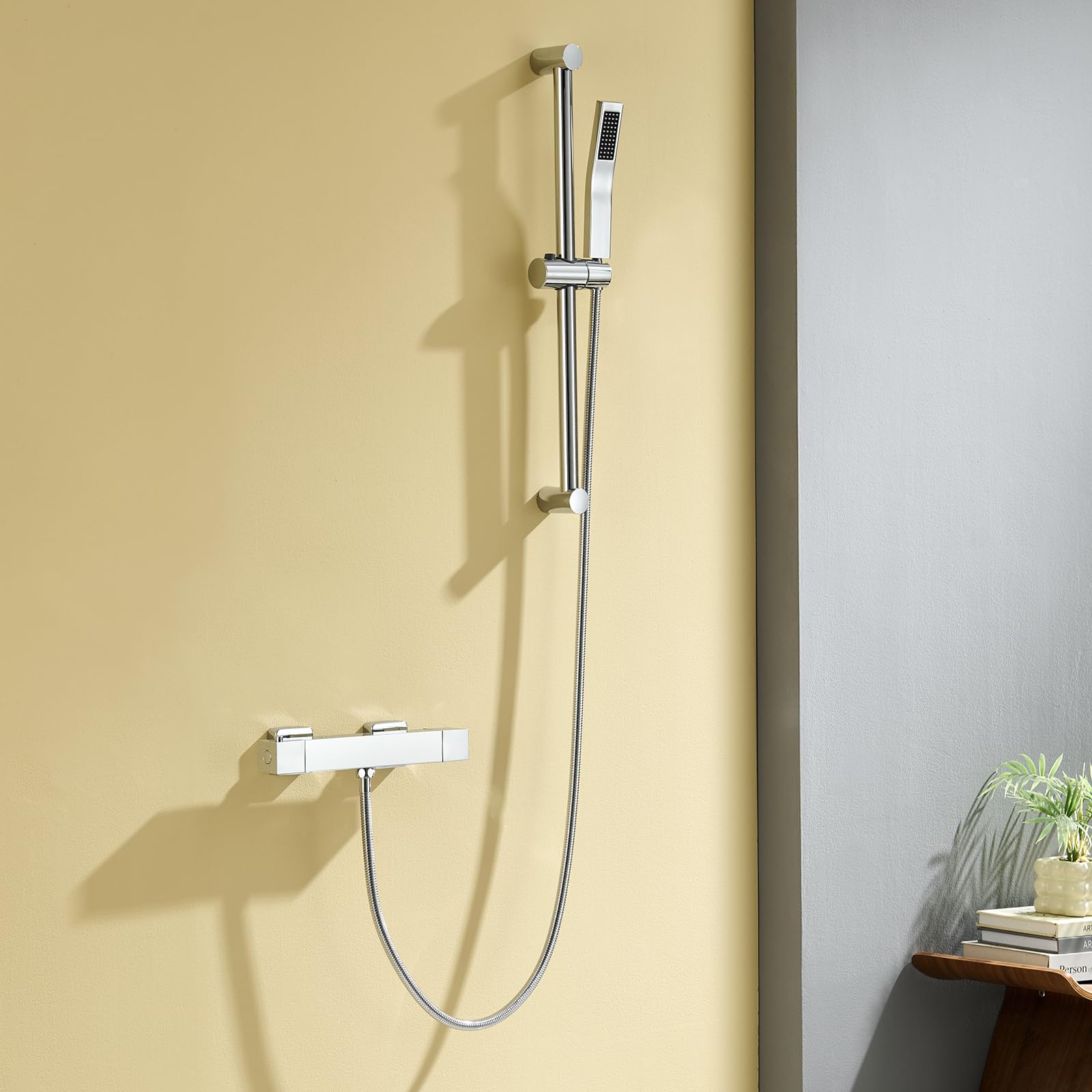 Auralum Miscelatore Termostatico Doccia Cromato Rettangolare, Rubinetto Doccia da Muro Esterno, Miscelatore Doccia con Deviatore per Asta Doccia Saliscendi con Soffione e Doccetta, per Vasca da Bagno