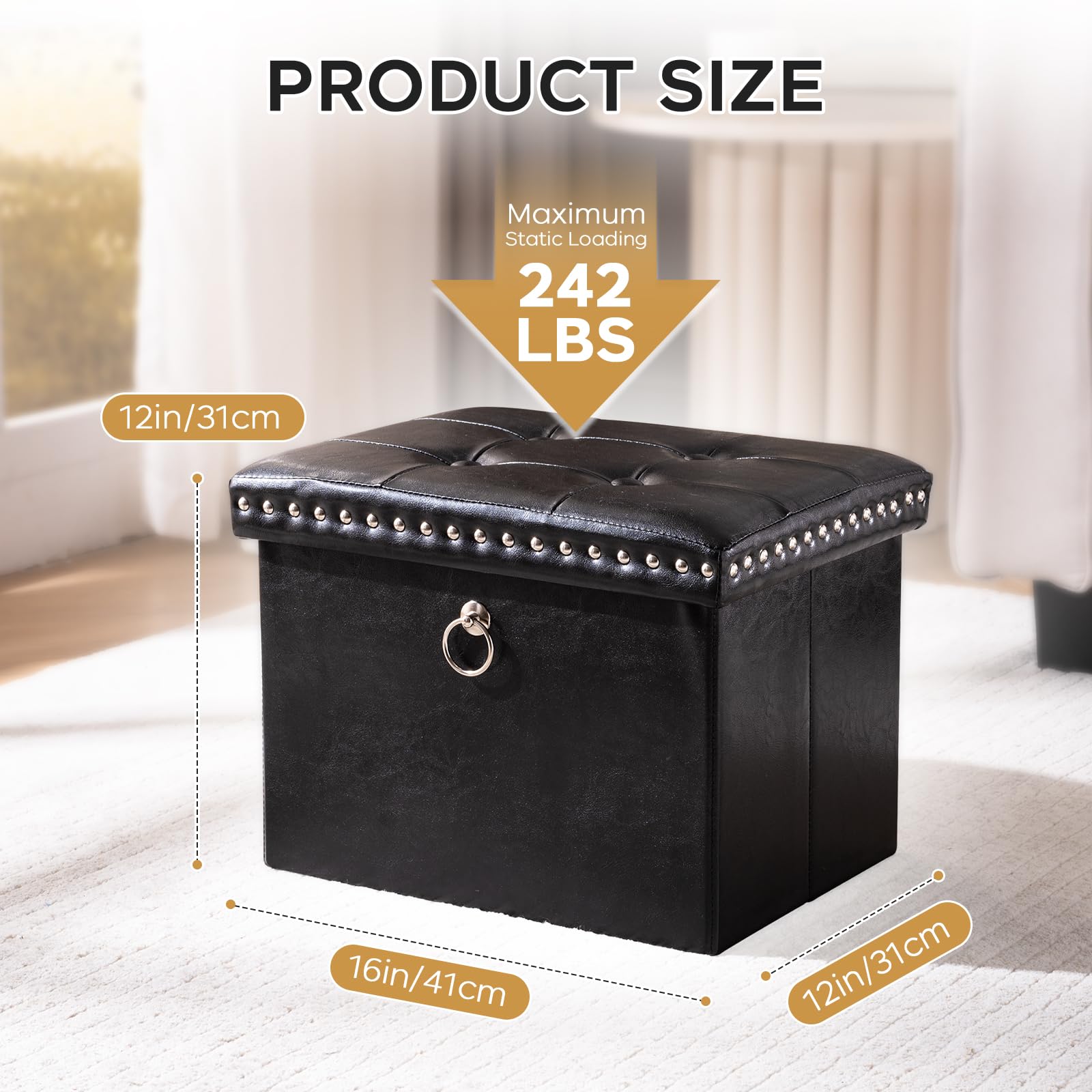 oakvivo Small 16 x 12 x12 Inches Folding Storage Ottoman, Faux Leather Foot Rest Stool with Rivet Design, Ottoman with Storage Vanity Stool Coffee Table for Living Room, Bedroom, Load 242 lbs, Green: Black 12"D x 16"W x 12"H