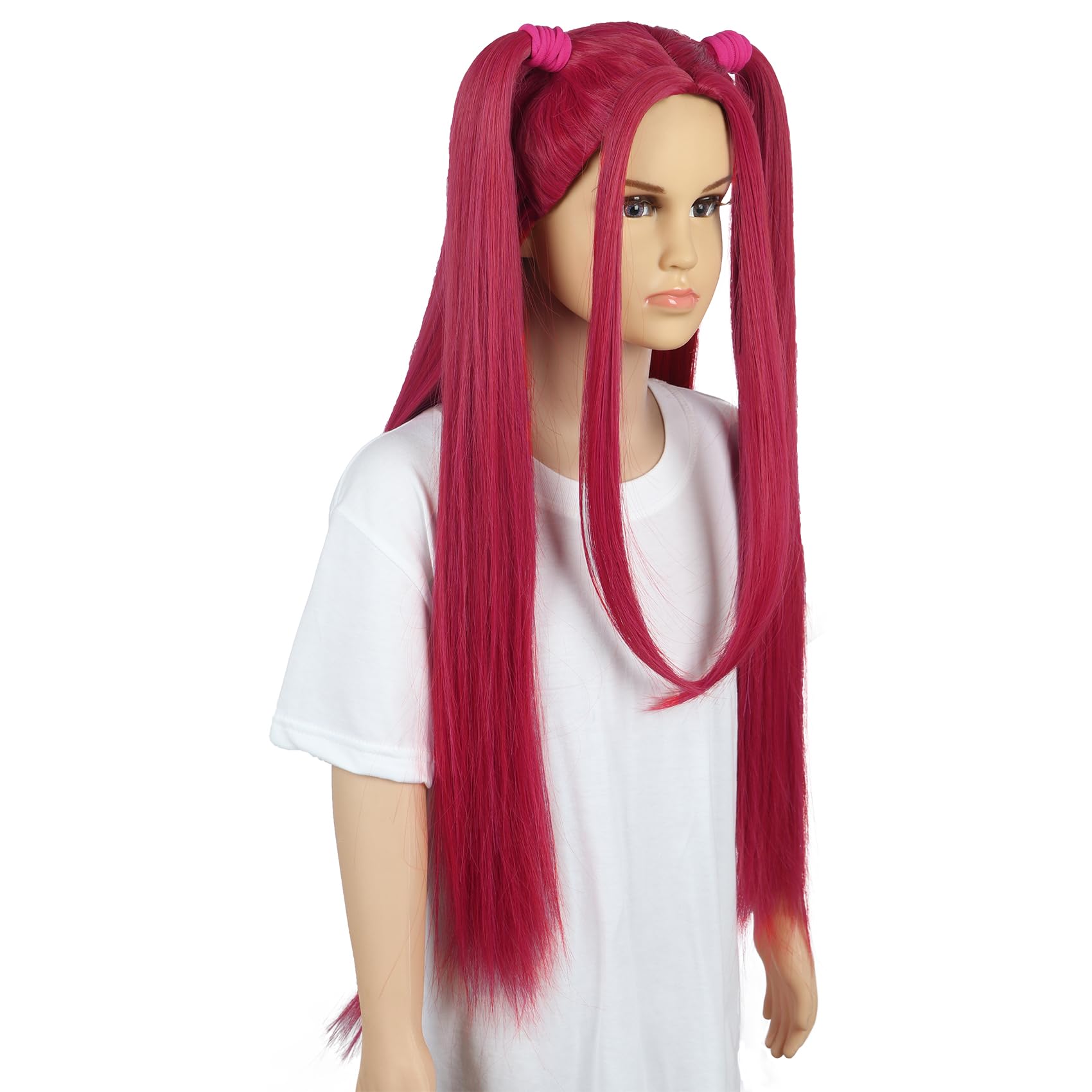 karlery FILLE Longue Droite Rose vif Perruque avec 2 queues de cheval Dessin animé Anime Film Cosplay Perruque Halloween Costume Party Perruque