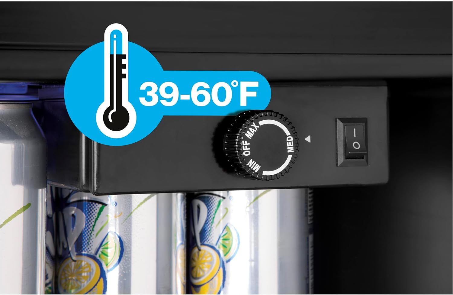 Close-up of the Haier mini fridge thermostat dial and power switch