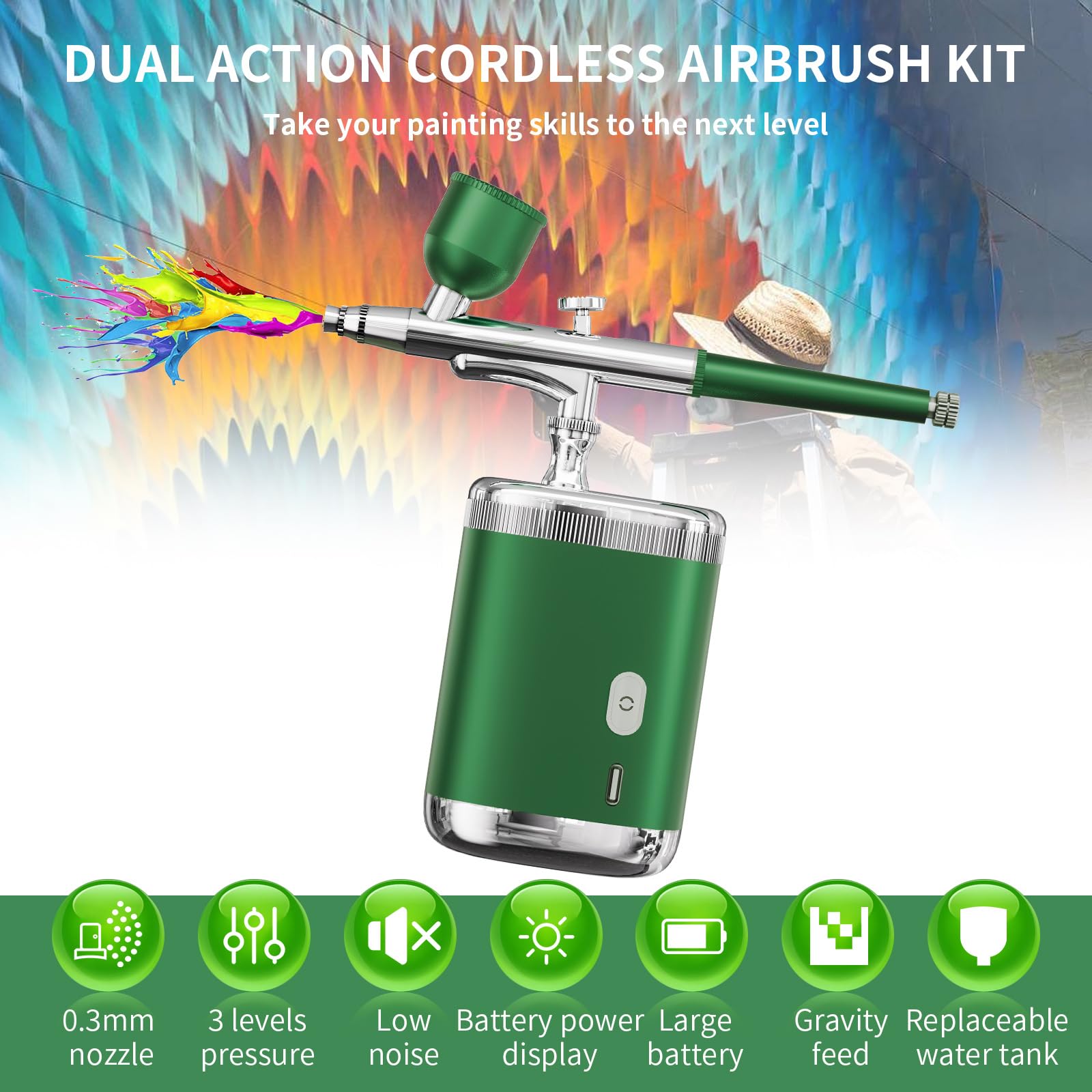 Kit aérographe avec compresseur - Pistolet aérographe portatif - Buse de 0,3 mm - 3 niveaux de pression - Batterie 1200 mAh - Idéal pour nail art, maquillage, décoration de gâteau, peinture de