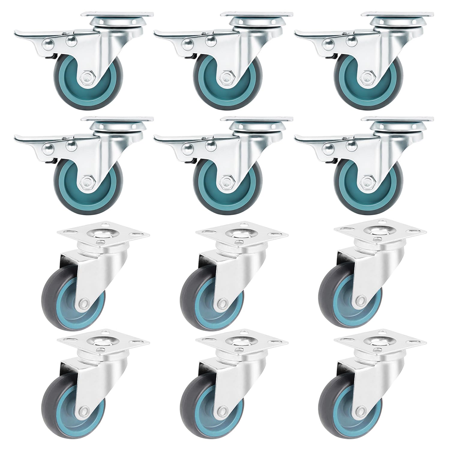 Lot de 12 roulettes pivotantes 50 mm (6 avec frein + 6 sans frein) – Roues en caoutchouc TPR, roulettes robustes pour meubles, chariots, armoires, supports de plantes – 50 kg par rouleau