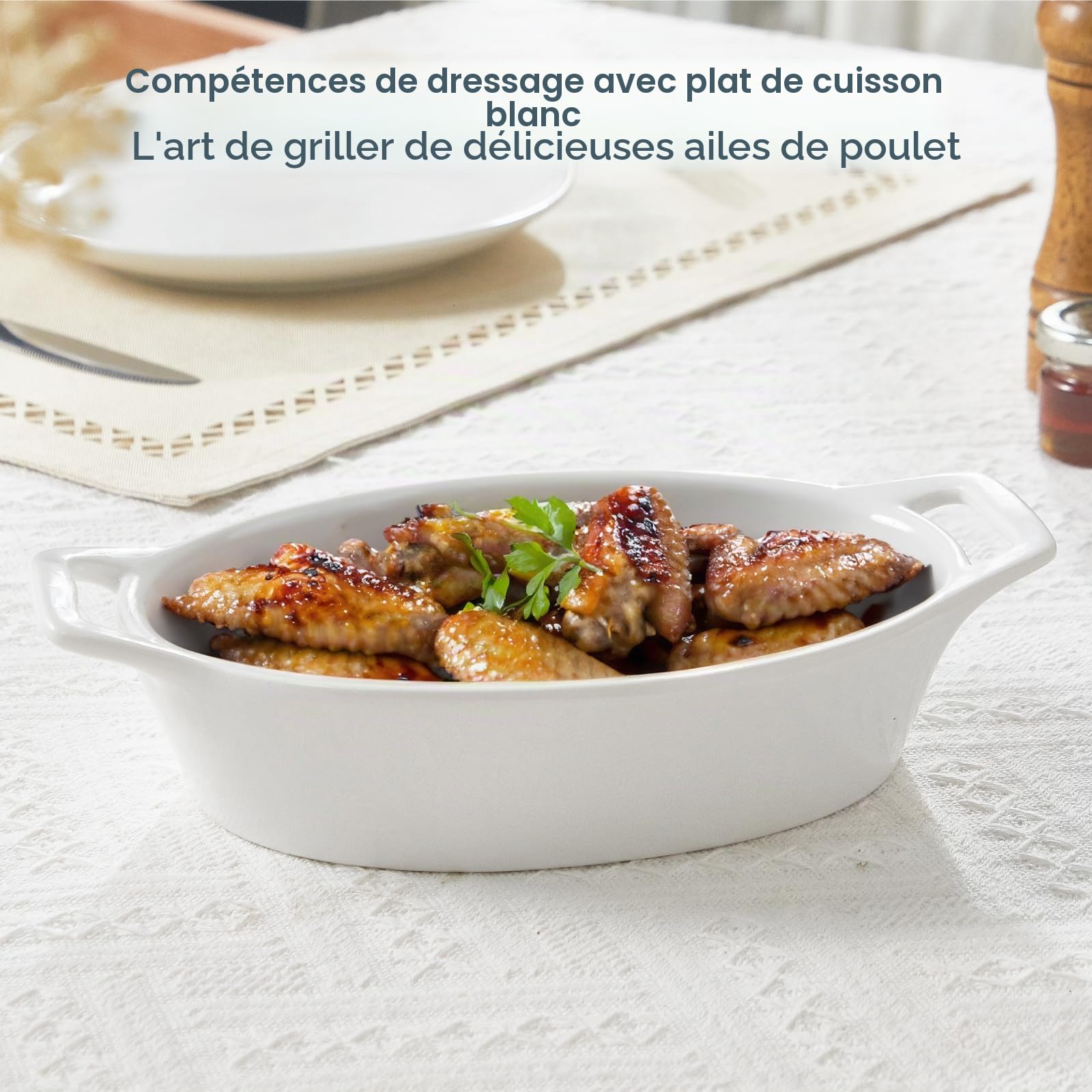 ONEMORE Lot de 4 petits plats ovales au gratin, 590 ml avec poignées, moule céramique pour 1-2 personnes, passe au four