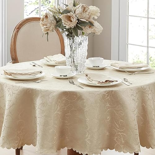 Vista 79 de Newbridge Mantel de tela de damasco festoneado Portofino de Navidad, 60 x 102 pulgadas, rectangular, marfil, resistente a las arrugas y a