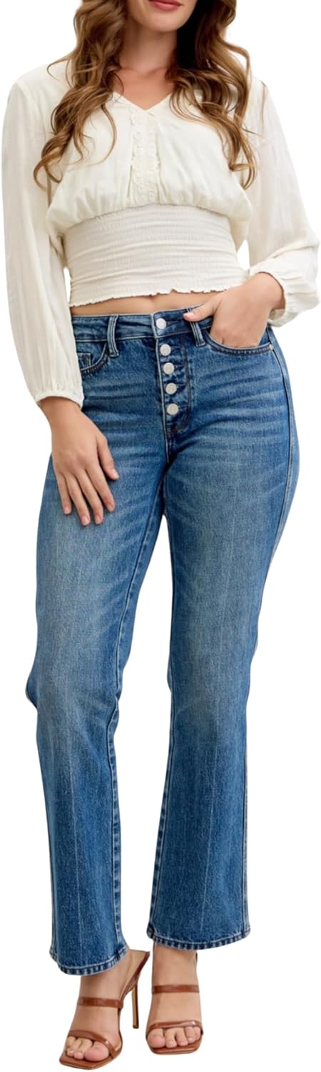 Judy Blue Mid Rise Slim Straight Jeans for Women – Rigid Magic Stretch Denim, Button Fly, Medium Wash, 30” Inseam - Image 2
