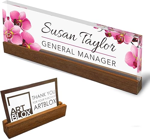 Artblox Placa de identificación personalizada de oficina para escritorio con tarjetero en vidrio acrílico transparente, orquídeas flores, placa de