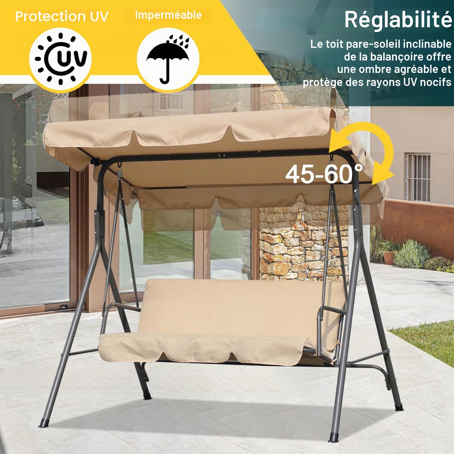 Angel Living Balançoire de Jardin en Métal avec Parasol Balançoire 3 Places avec Coussin Ajustable et Plafond pour Terrasse, Balcon Extérieur, Acier, Max. 240 kg - 169x110x151cm (Beige)